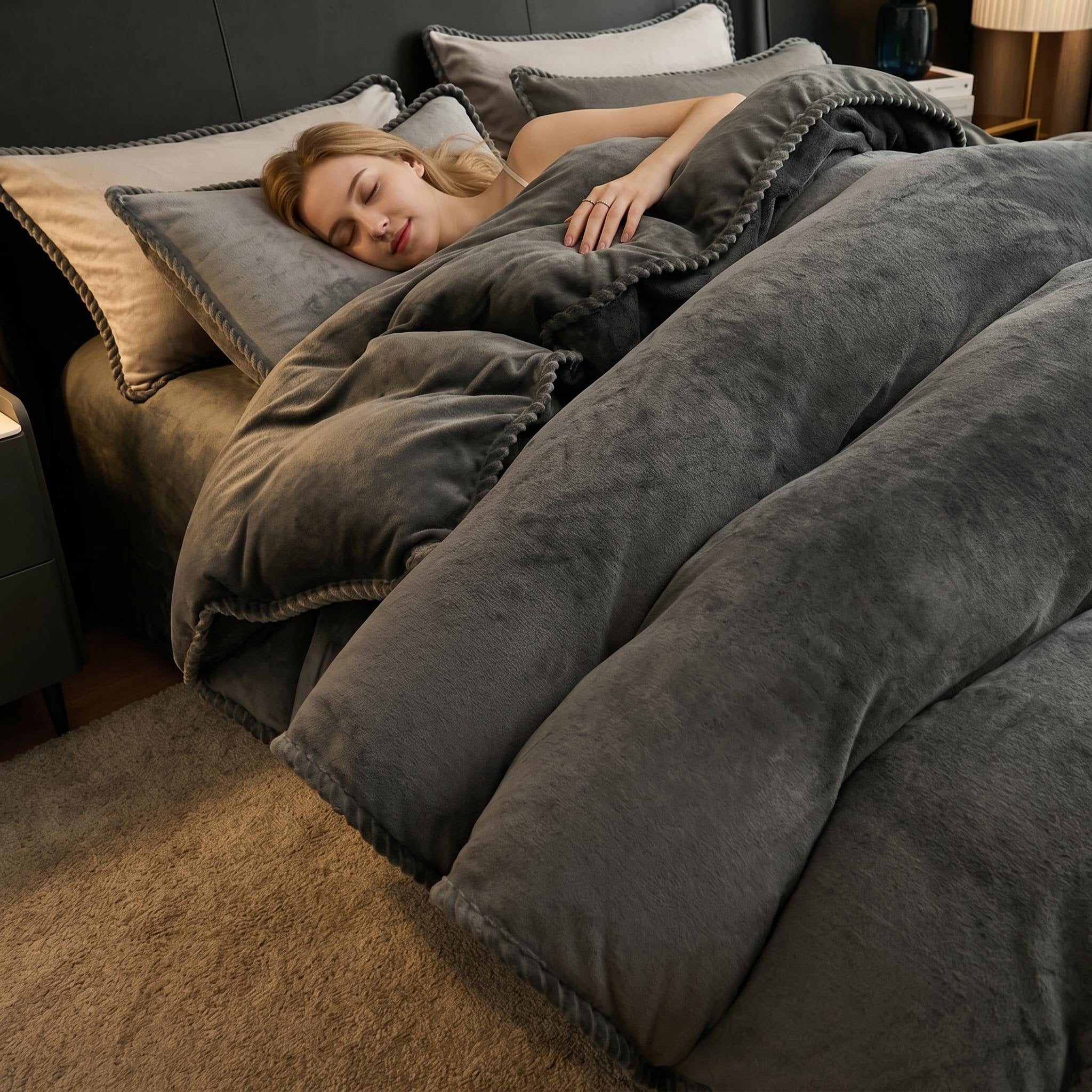Thickened grey lamb wool fleece blanket on a bed with a sleeping woman