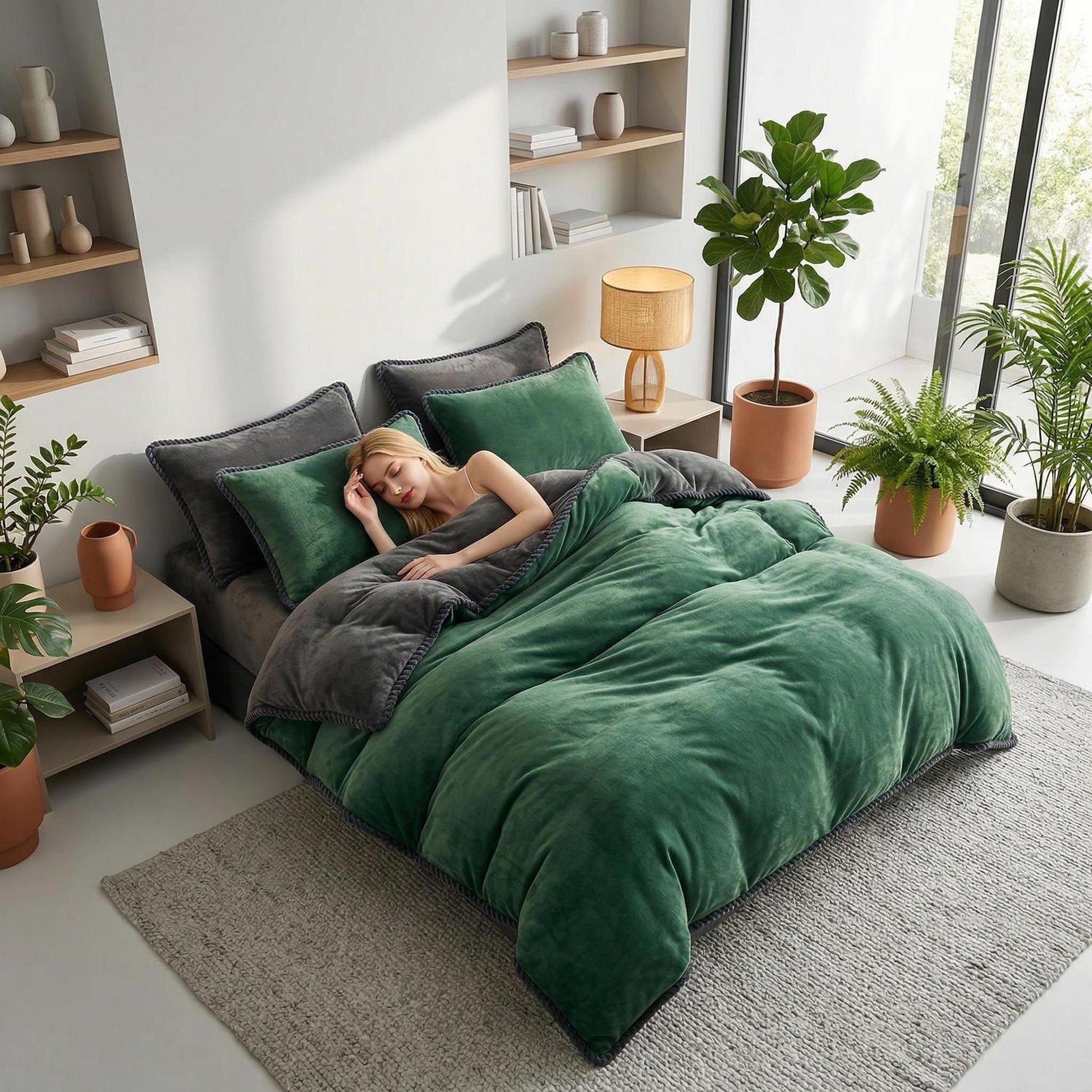 Thick green and grey lamb wool fleece blanket on a bed in a modern bedroom.