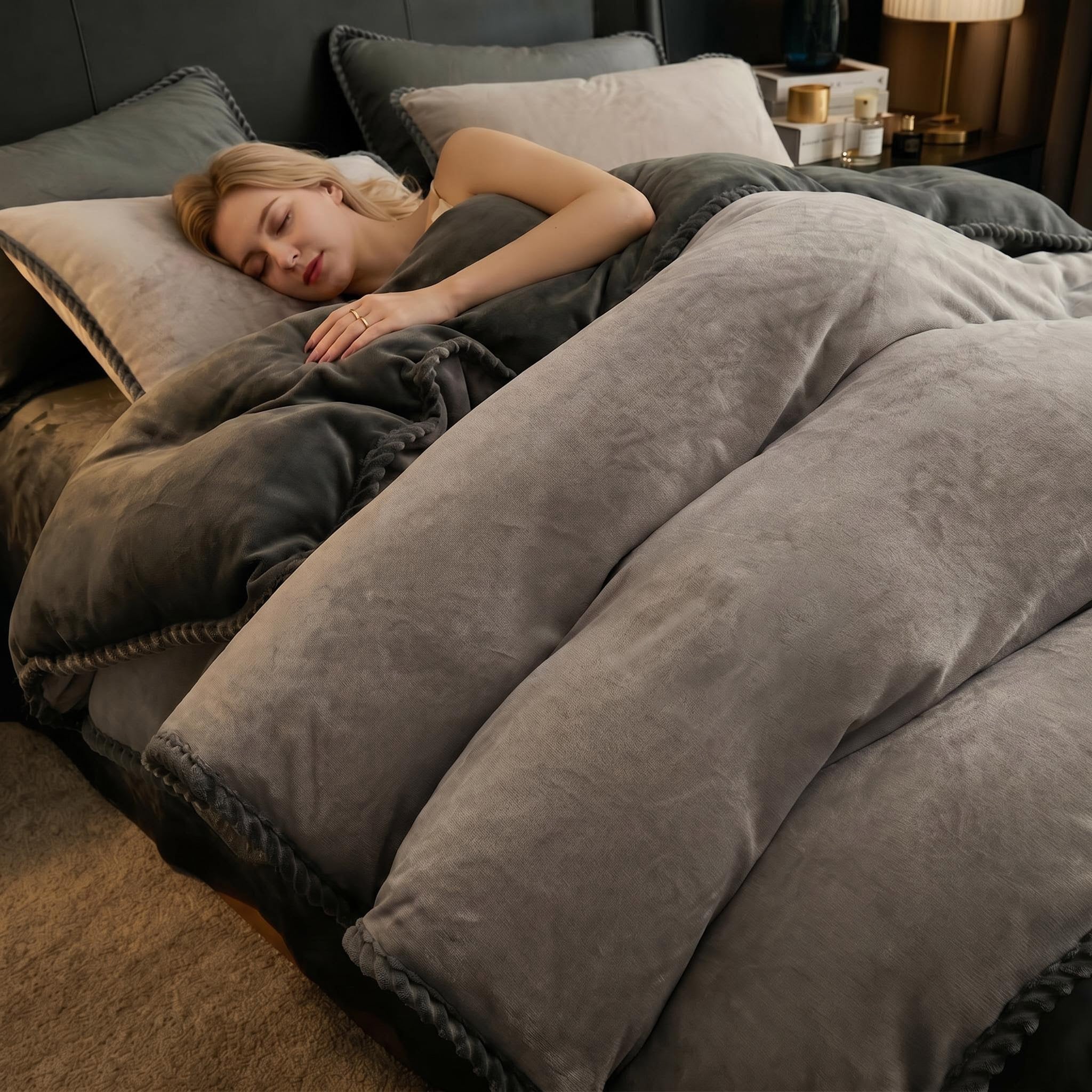 Woman sleeping under a thick, grey lamb wool fleece blanket on a cozy bed.