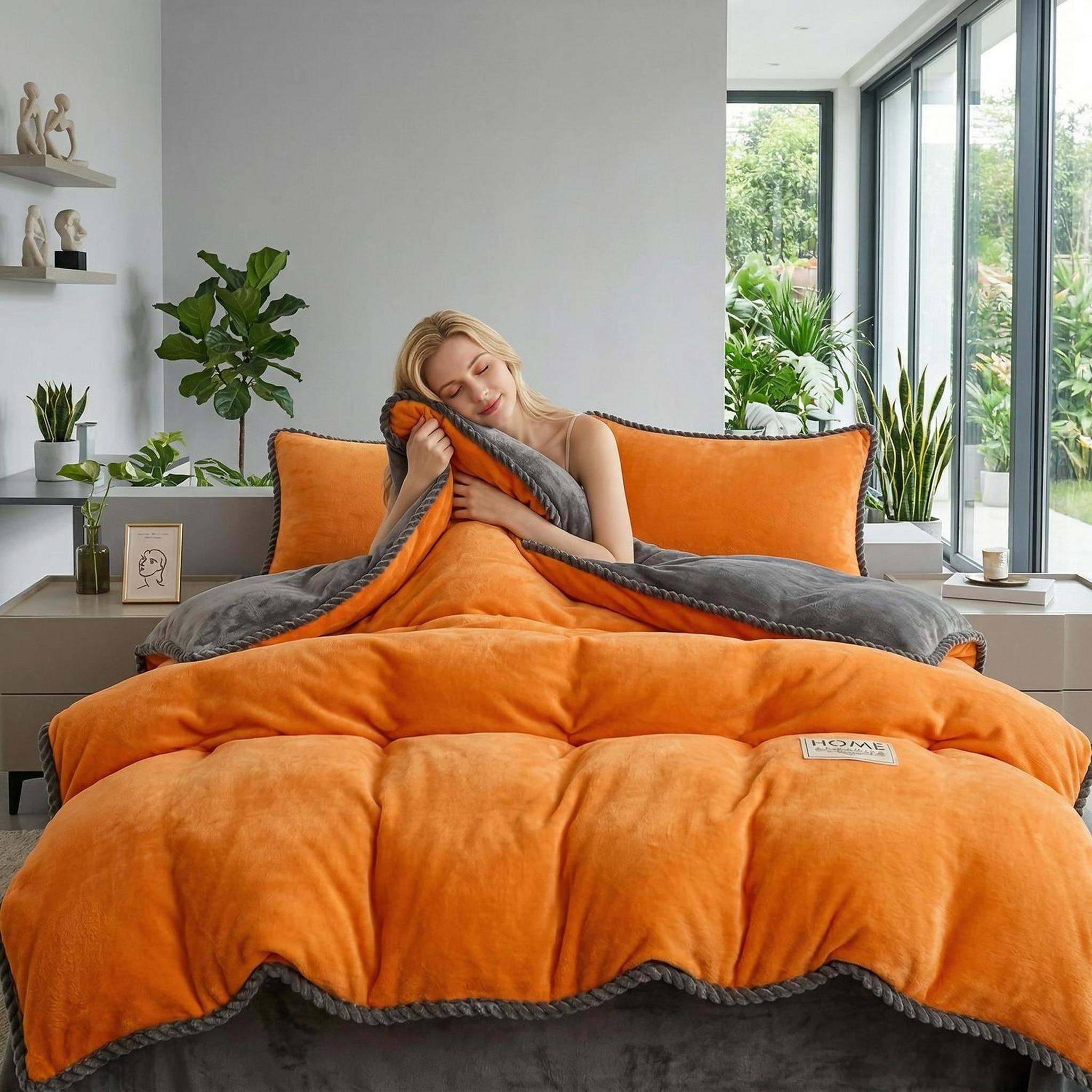 Thick orange and grey lamb wool fleece blanket on a bed with matching pillows.