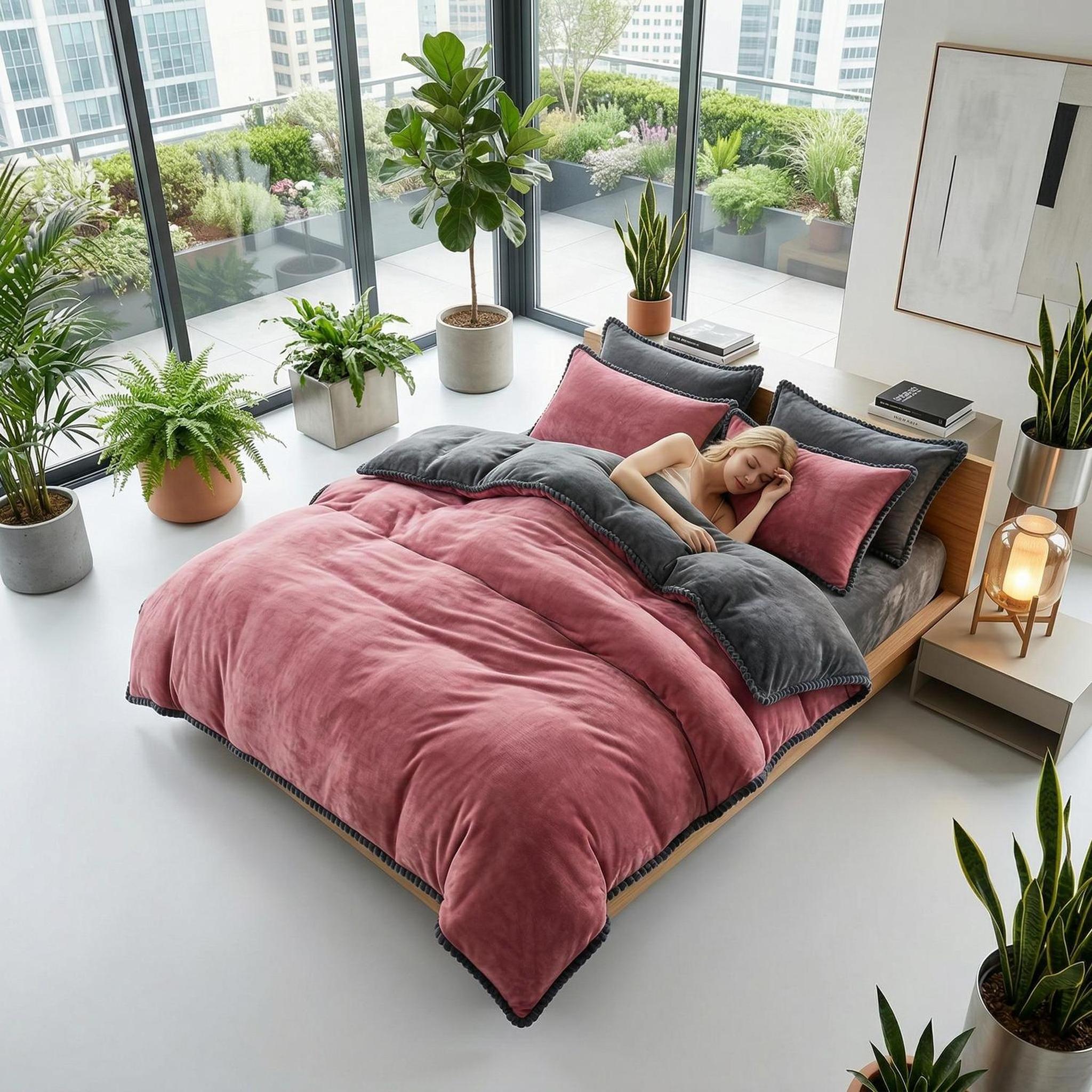 Thick pink and grey lamb wool fleece blanket set on a bed in a modern room with plants.