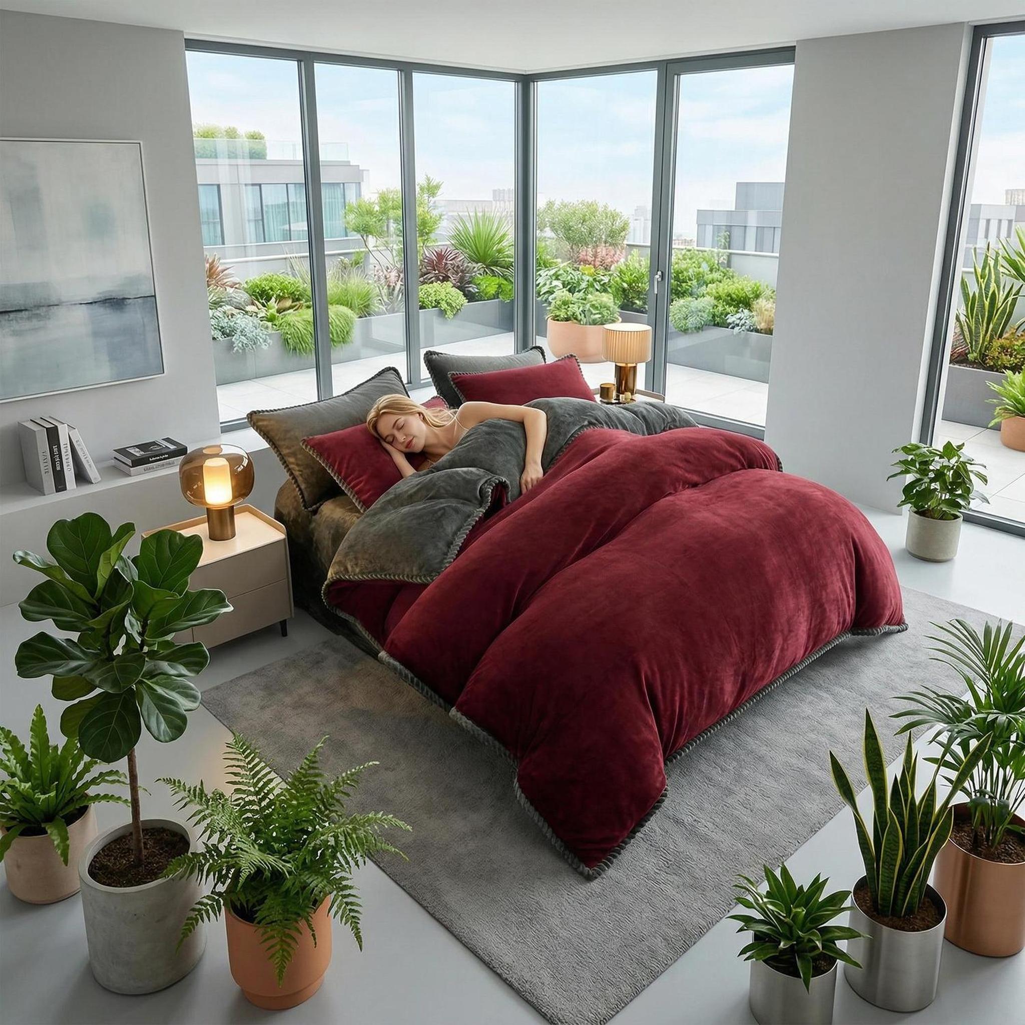 Thick red and grey lamb wool blanket on a bed in a modern room with plants.