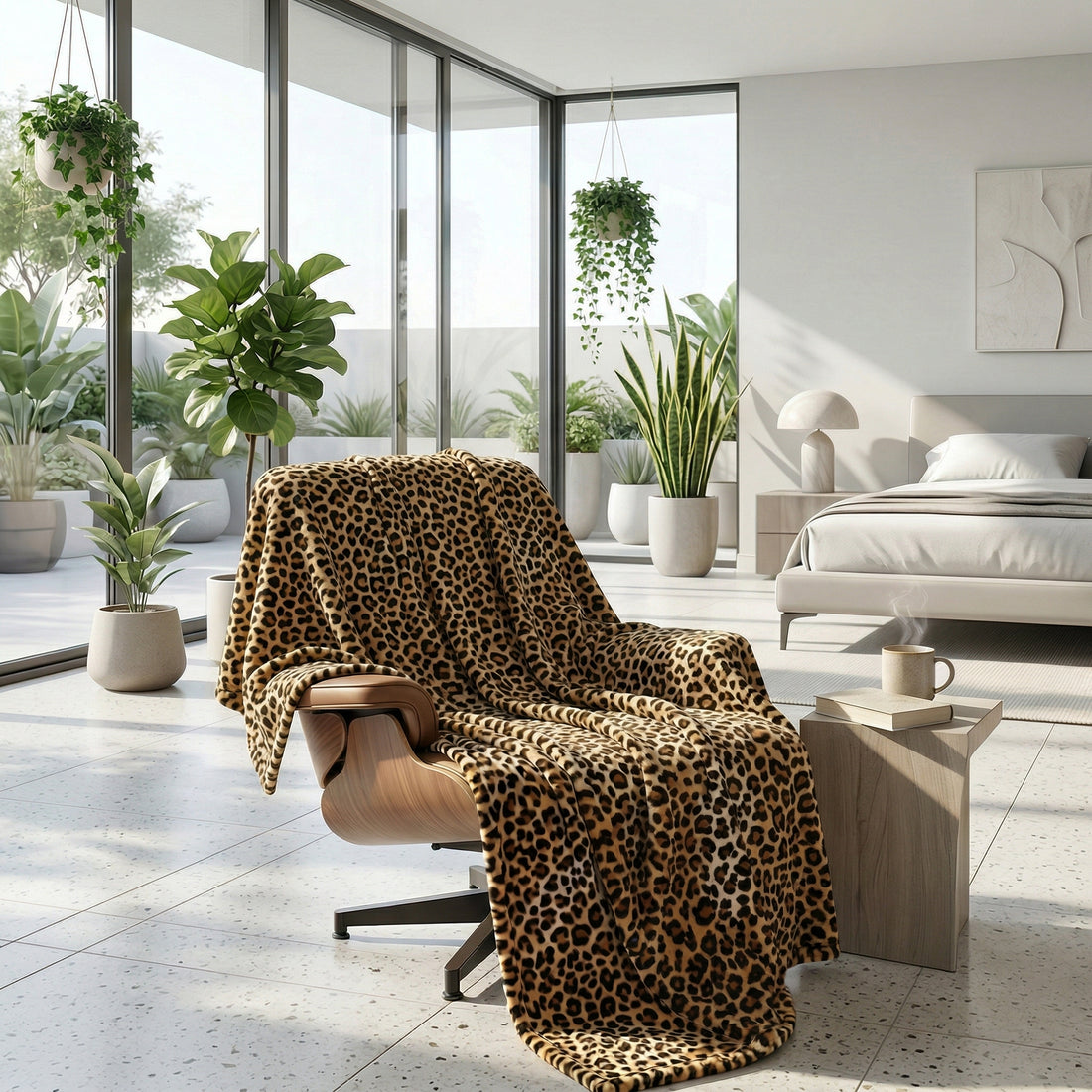 Smiling woman wrapped in a soft leopard print flannel blanket, reading in a modern, plant-filled room.