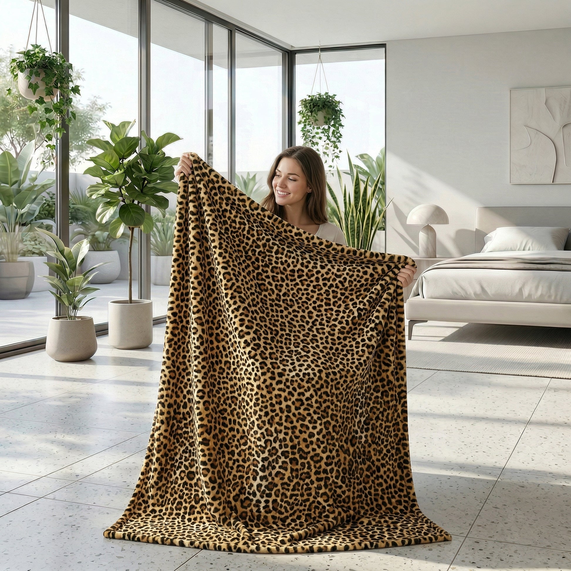 Smiling woman holding a soft, plush leopard print flannel blanket in a bright, modern room.