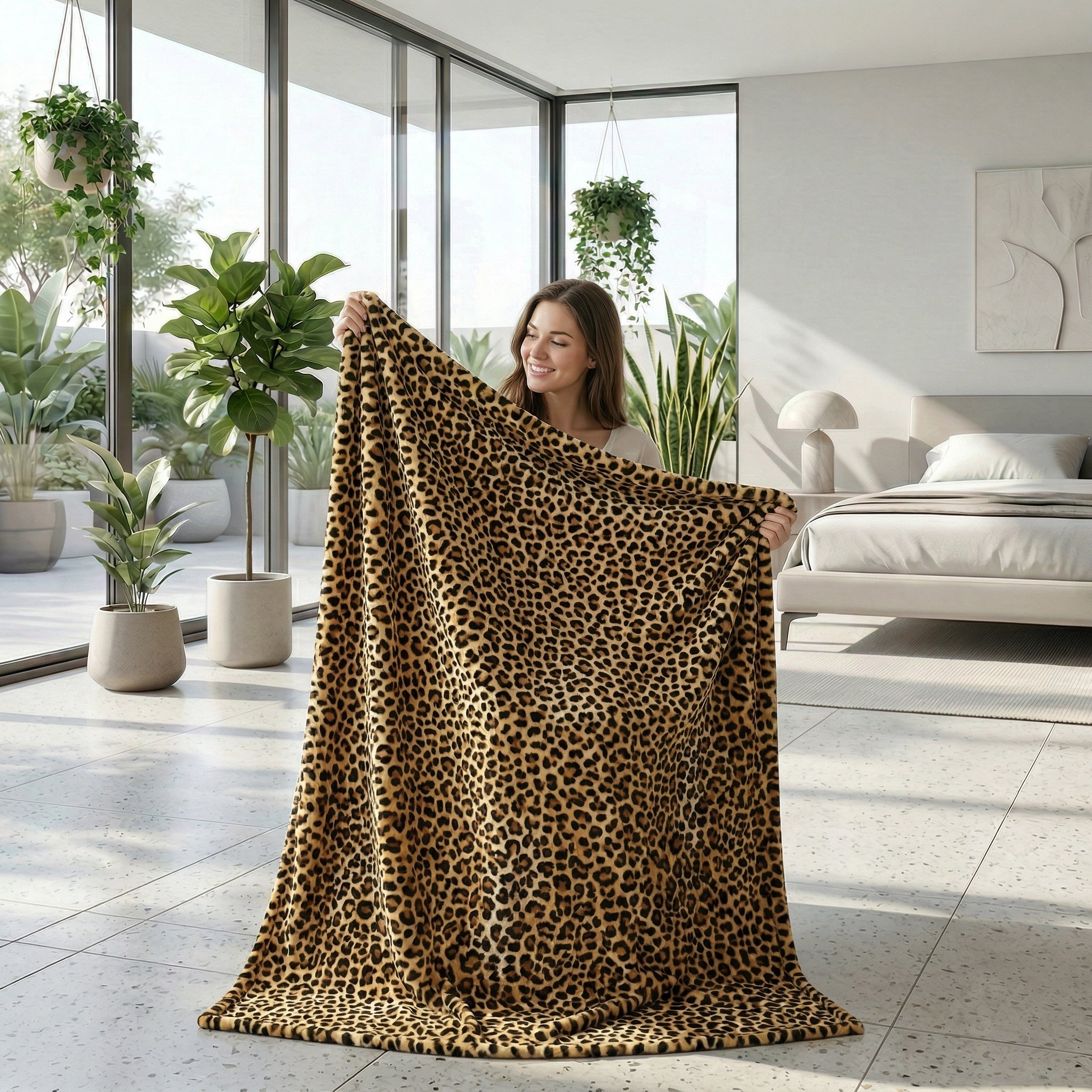 Smiling woman holding a soft, plush leopard print flannel blanket in a bright, modern room.