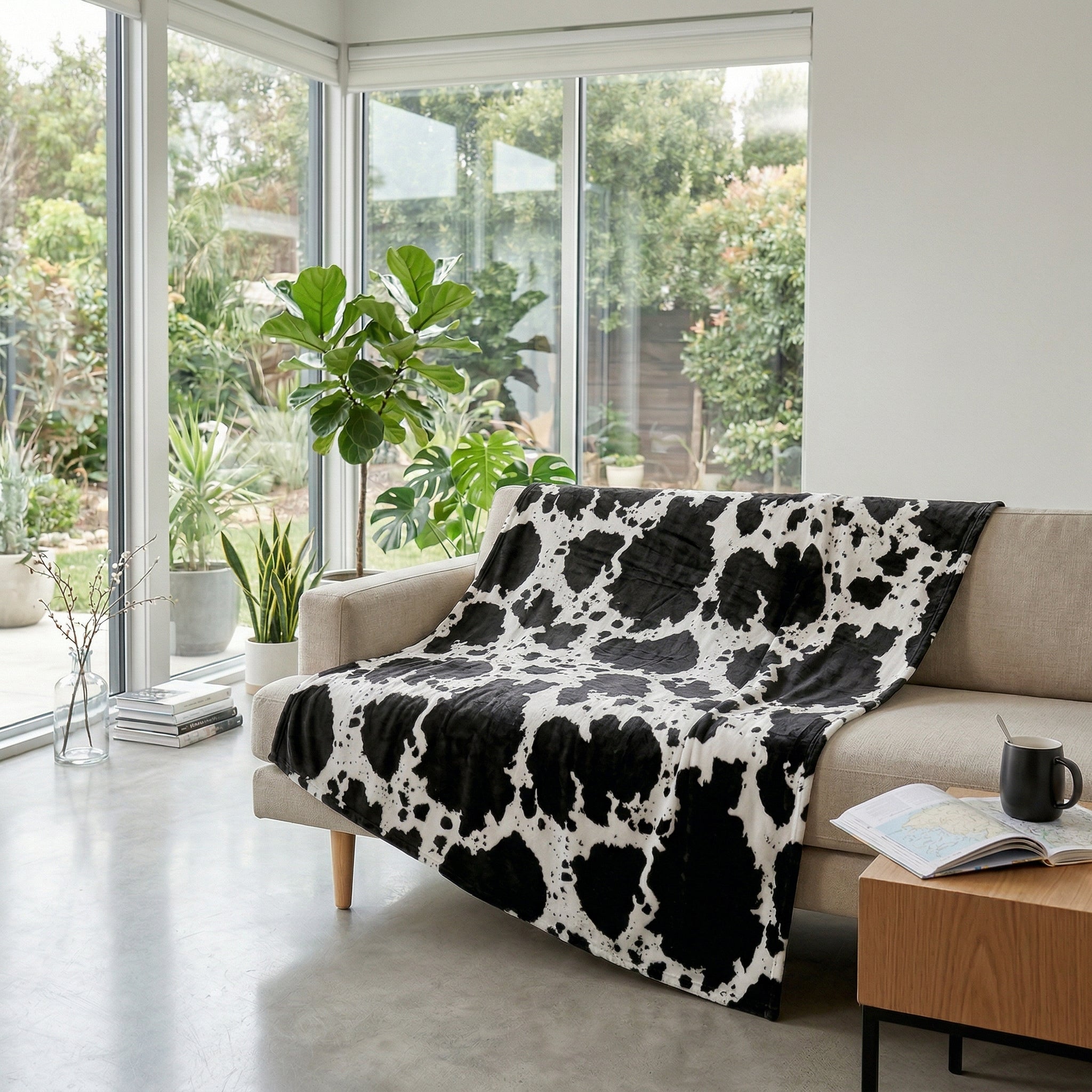 Soft black and white cow print flannel blanket draped over a beige sofa in a bright living room.