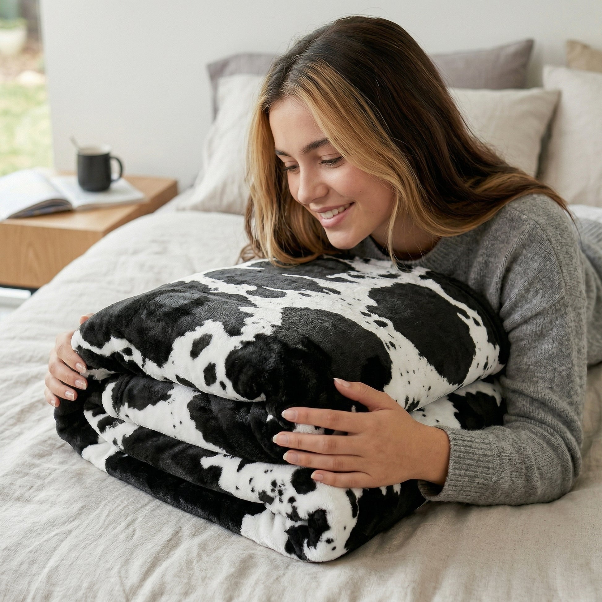 Smiling woman hugging a soft, black and white cow print flannel blanket on a bed.