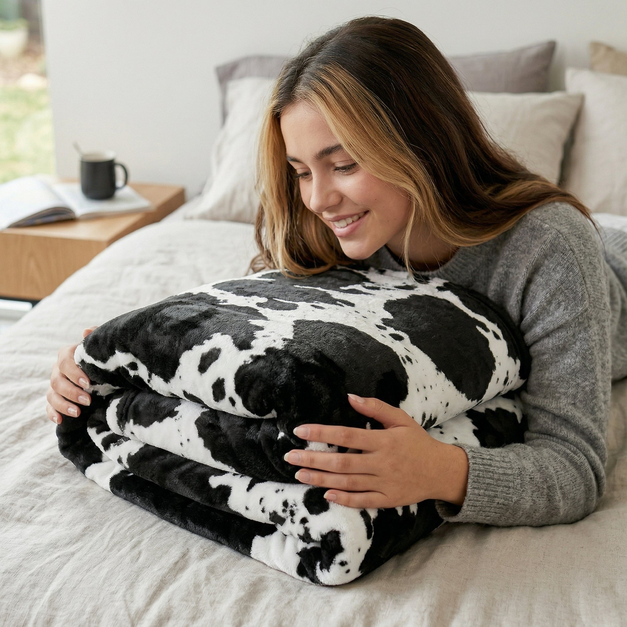 Smiling woman hugging a soft, black and white cow print flannel blanket on a bed.