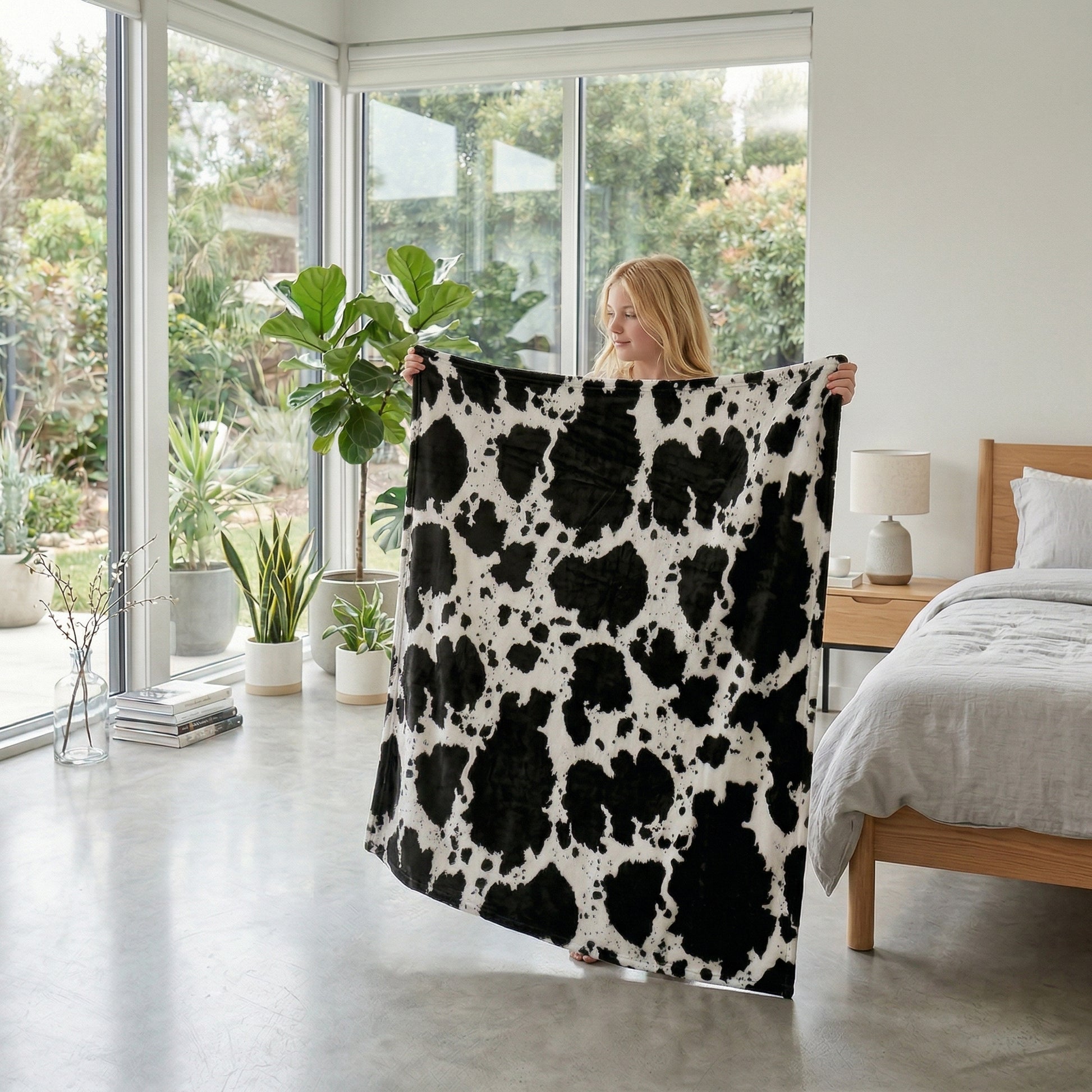 Woman holding a soft black and white cow print flannel blanket in a modern bedroom.