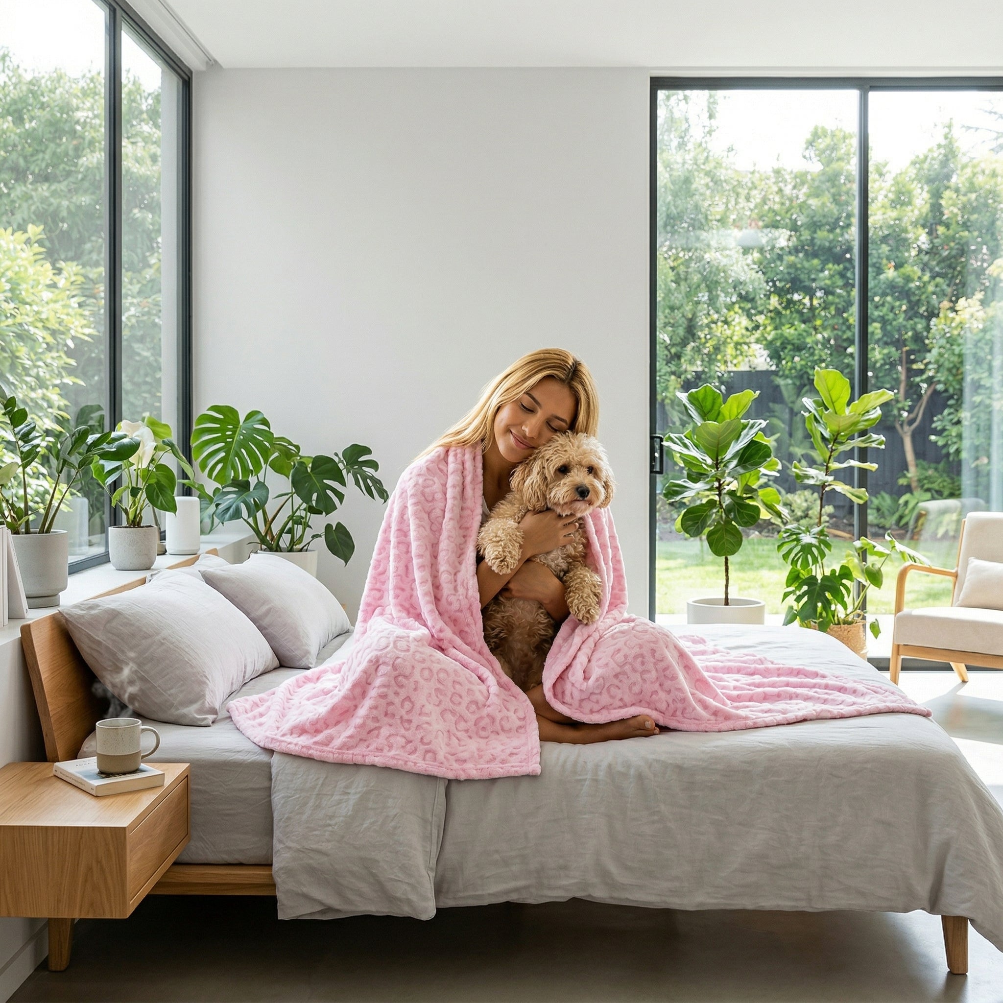 Woman on bed cuddling a dog under a soft pink leopard print flannel blanket.