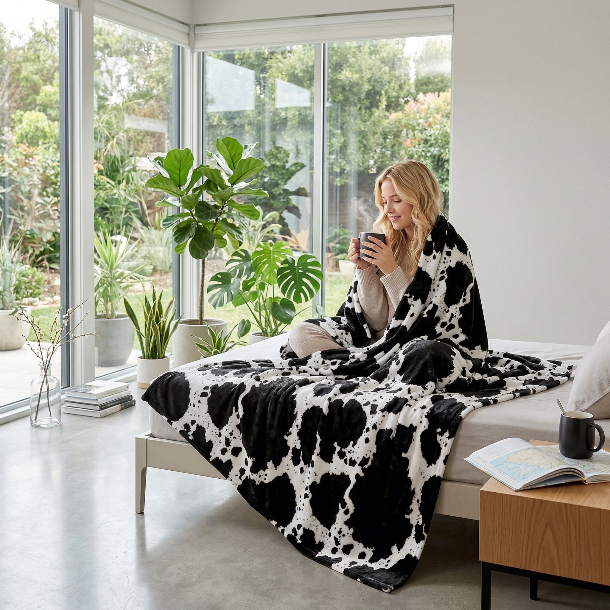 Woman wrapped in a black and white leopard print flannel blanket, holding a mug on a bed.