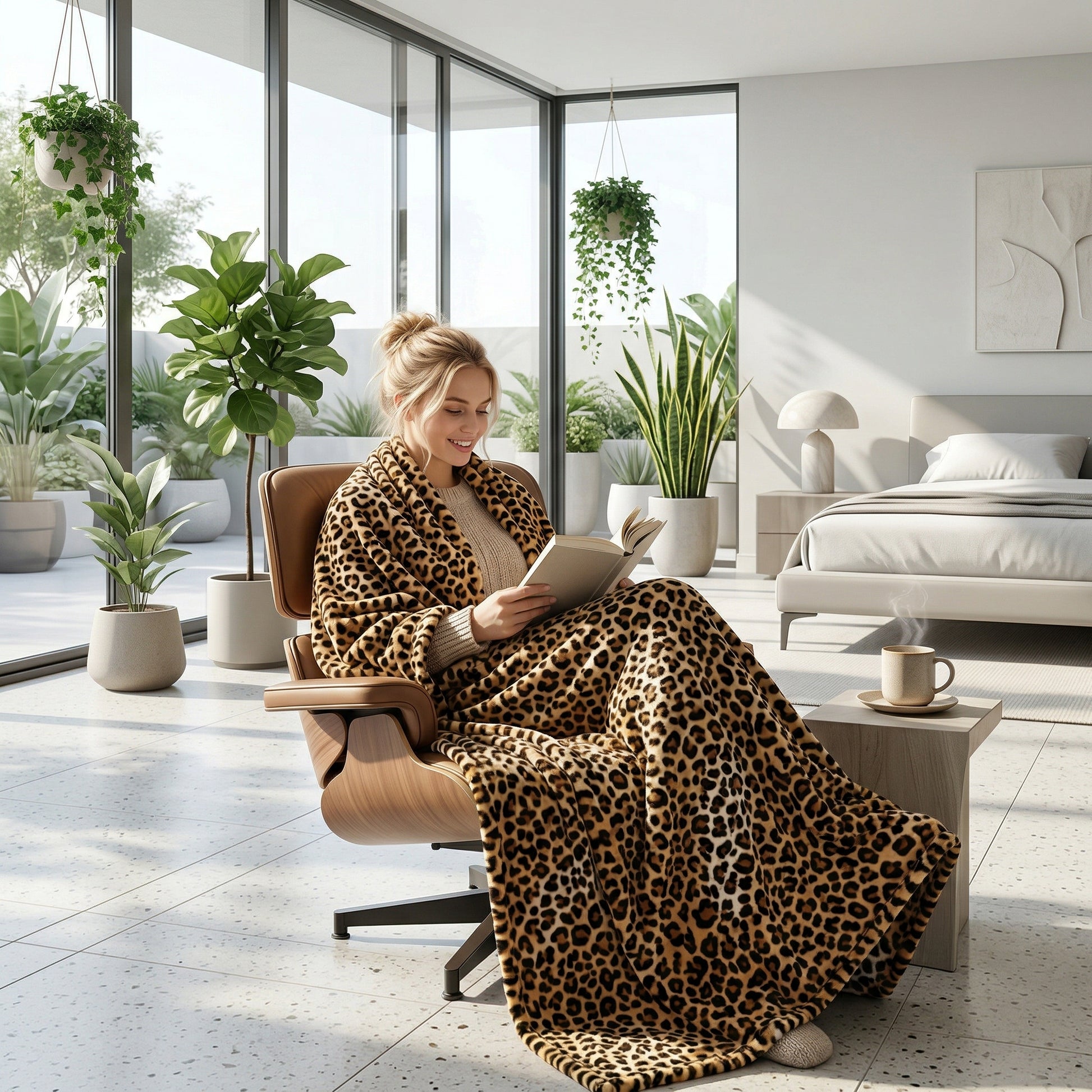 Smiling woman wrapped in a soft leopard print flannel blanket, reading in a modern, plant-filled room.