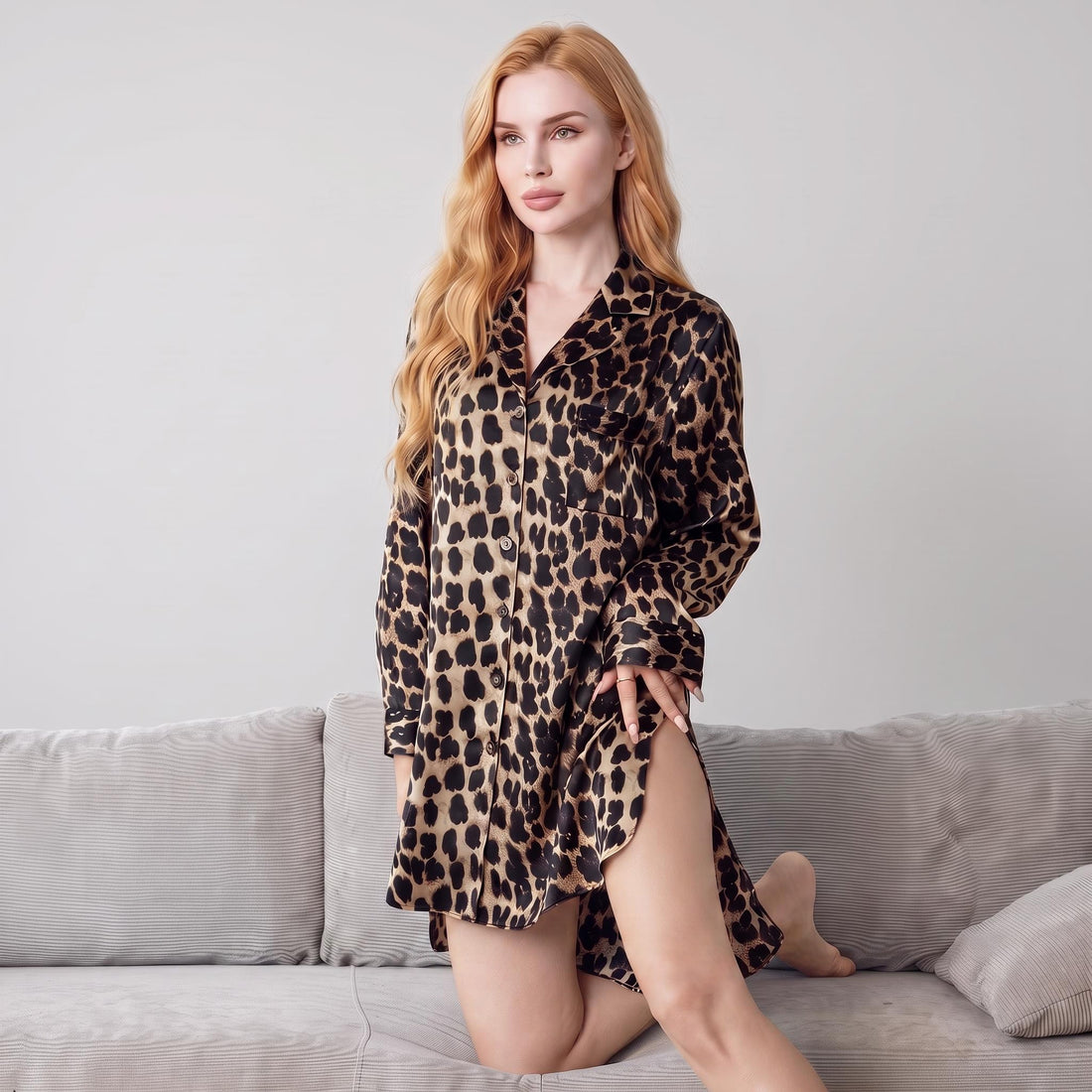 Woman wearing a glossy, leopard print mulberry silk button-down sleep shirt with long sleeves and a high-low hem.