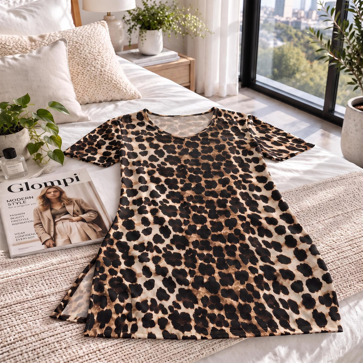 Leopard print mulberry silk nightgown with a V-neck, half sleeves, and side slit laid flat on a bed.