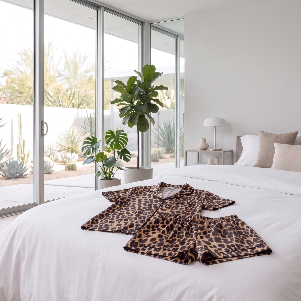 Leopard print mulberry silk pajama set with a short-sleeved button-up top and matching shorts on a white bed.