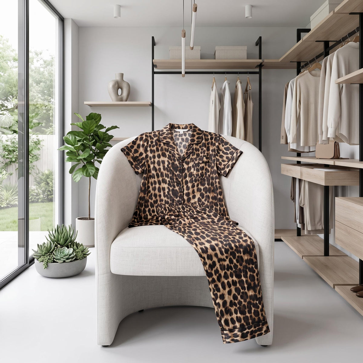 Leopard print silk pajama set with short sleeves and button-front top displayed on a modern white armchair.