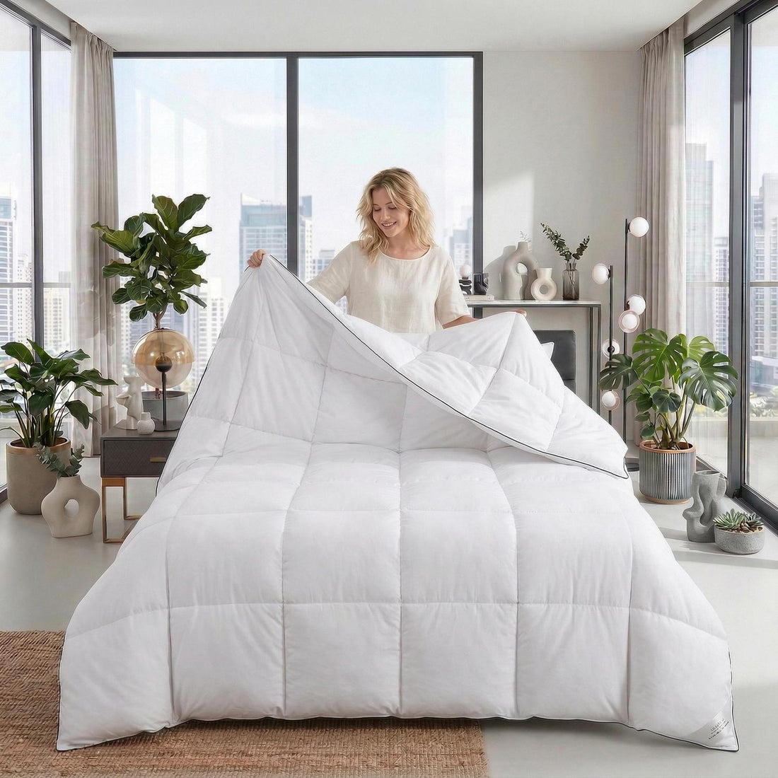 Happy couple in bed with a white, fluffy, quilted comforter.