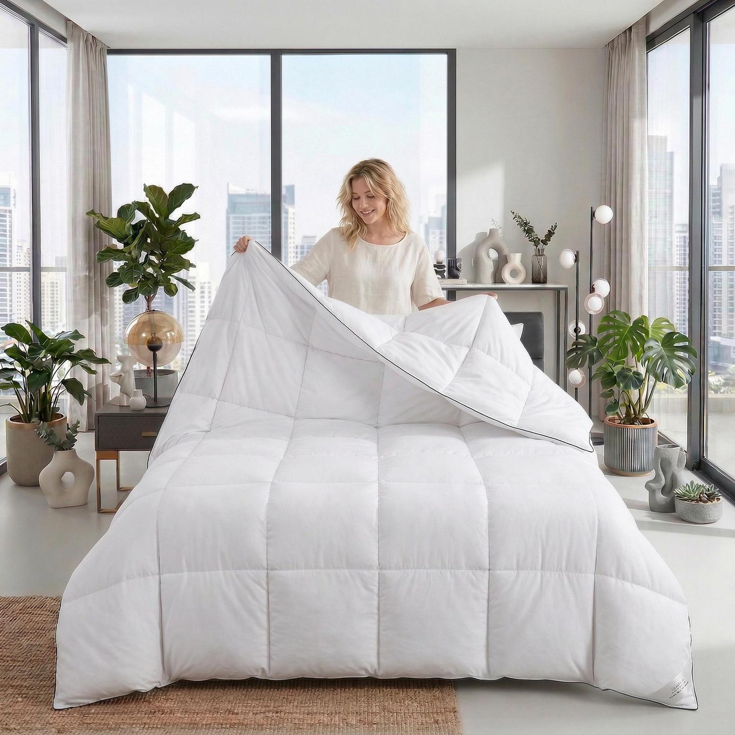 Woman placing a white fluffy quilted comforter with black trim on a bed in a bright room.