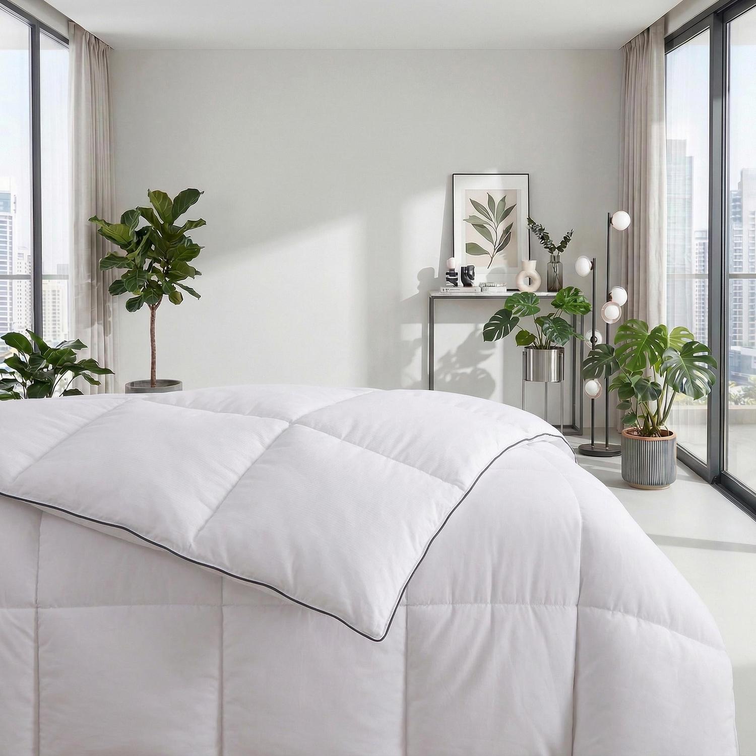 White fluffy quilted comforter with black piping on a bed in a bright, modern bedroom.