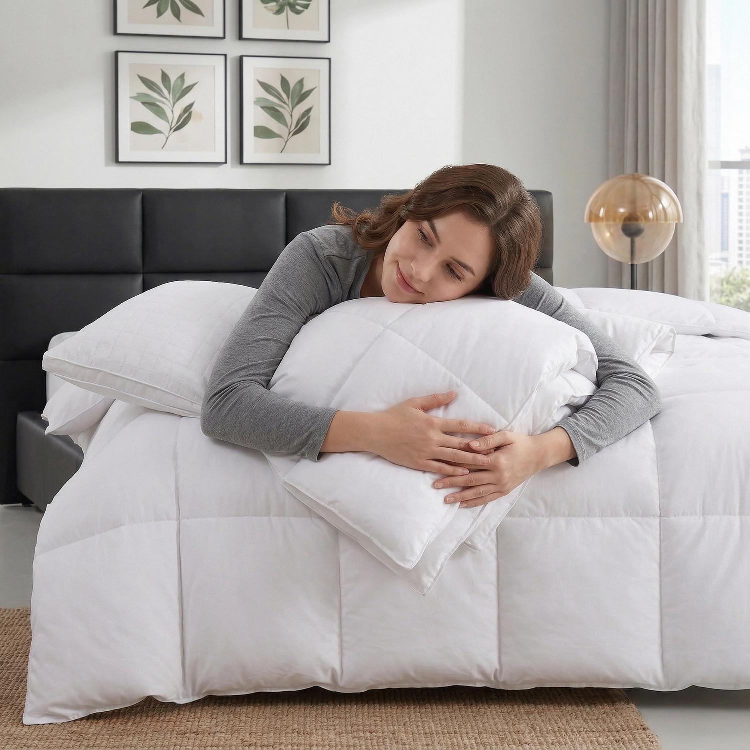Woman relaxing on a white fluffy quilted comforter with a matching pillow.