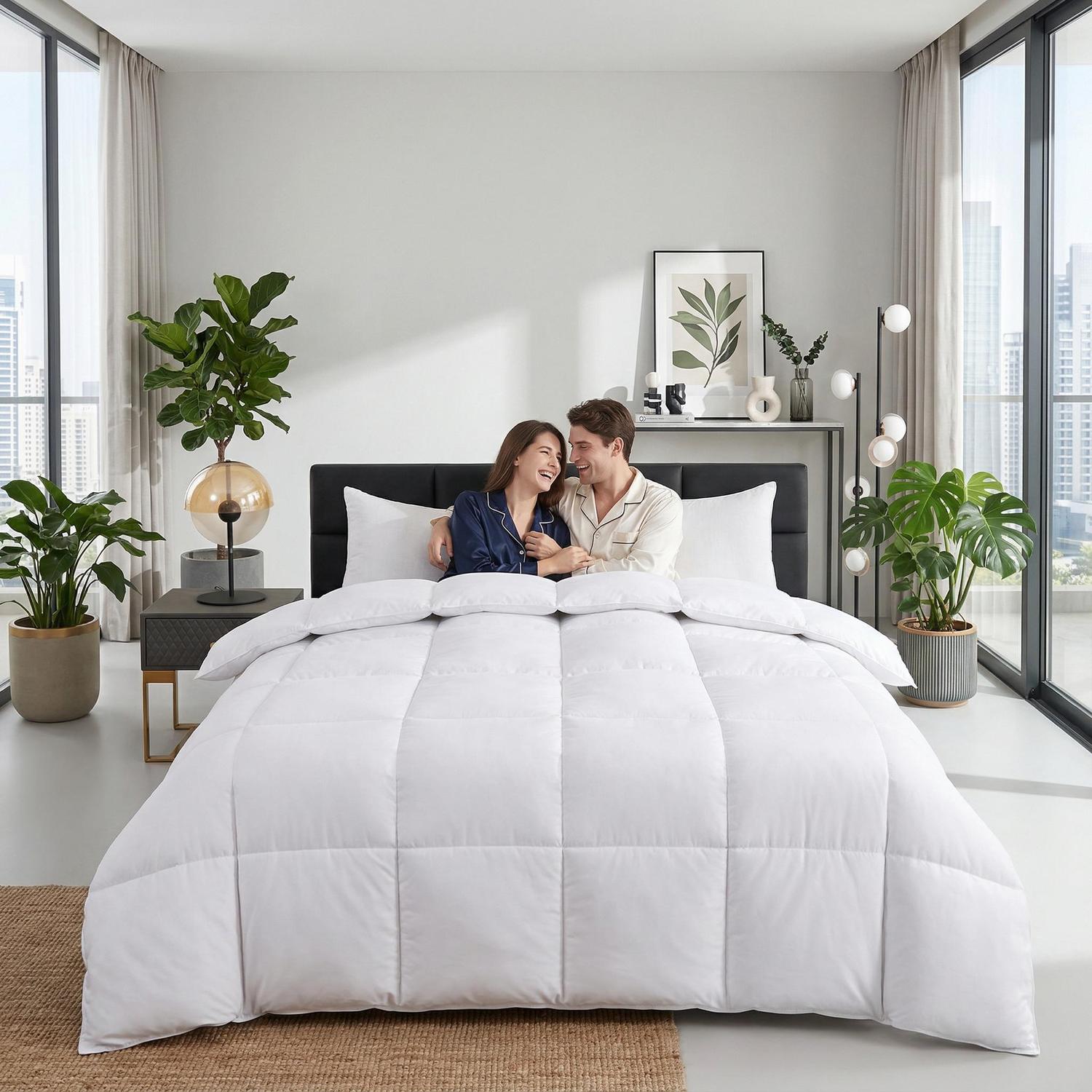 Happy couple in bed with a white, fluffy, quilted comforter.