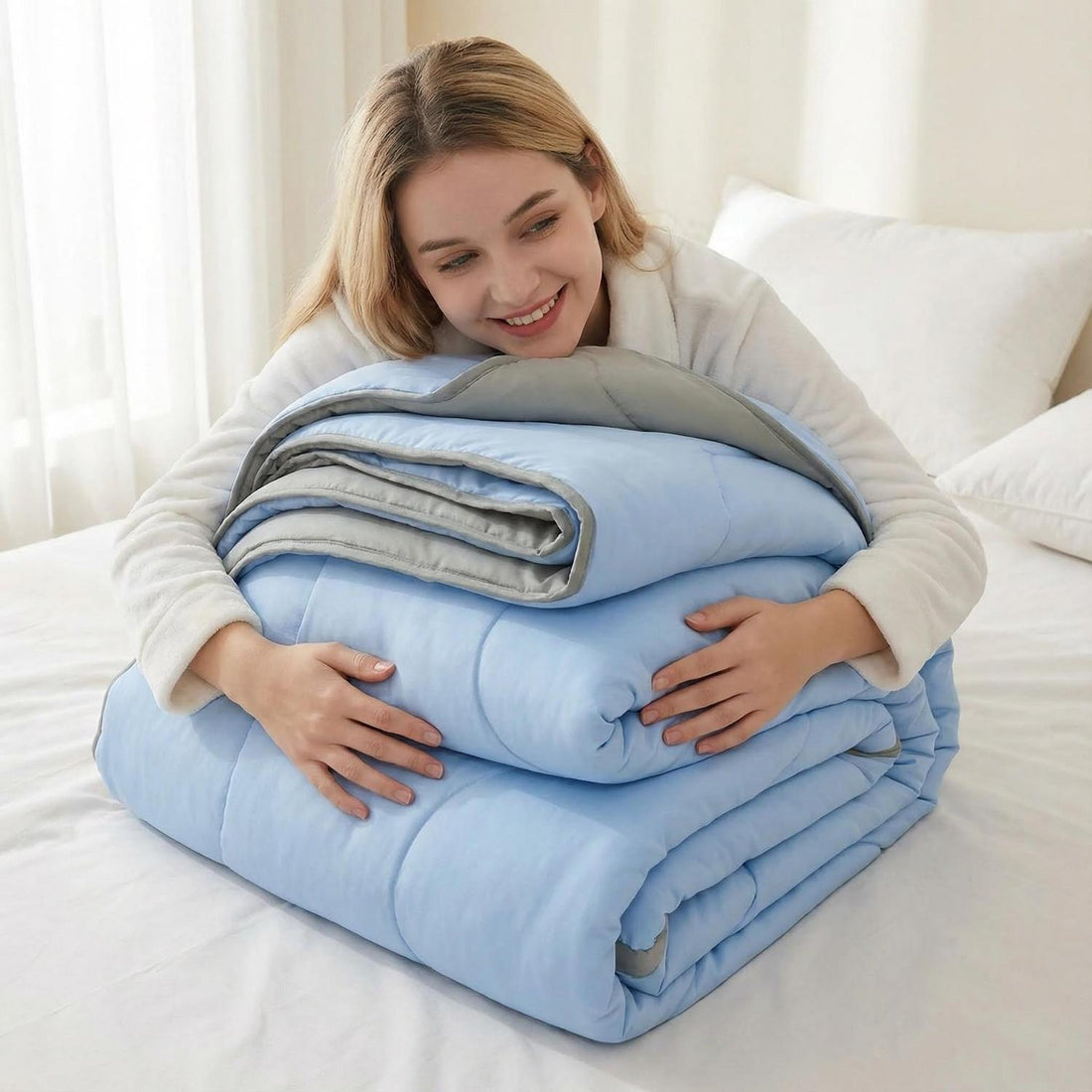Woman and child on a bed with a blue wave-quilt design summer AC quilt.