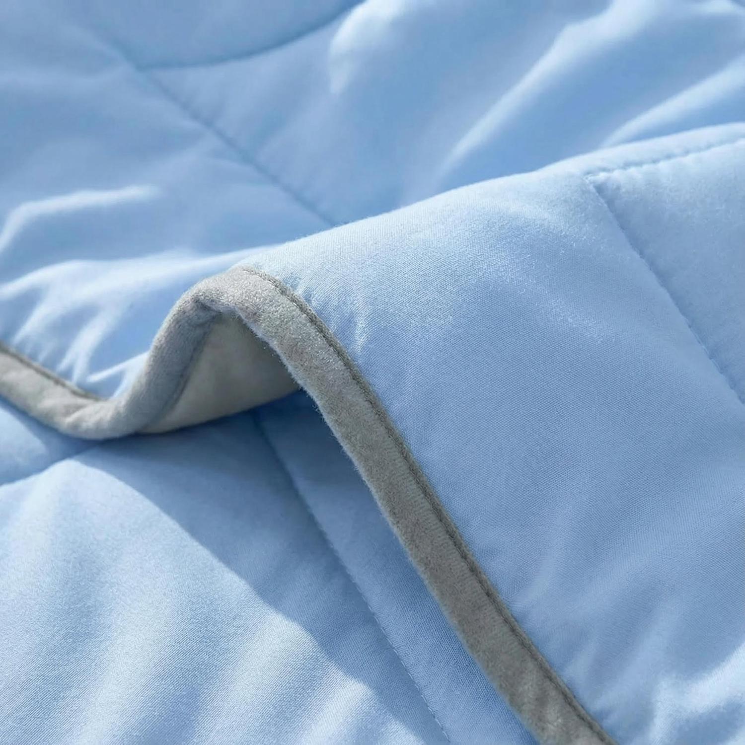 Light blue lightweight summer AC quilt with soft wave-quilt design and gray trim.