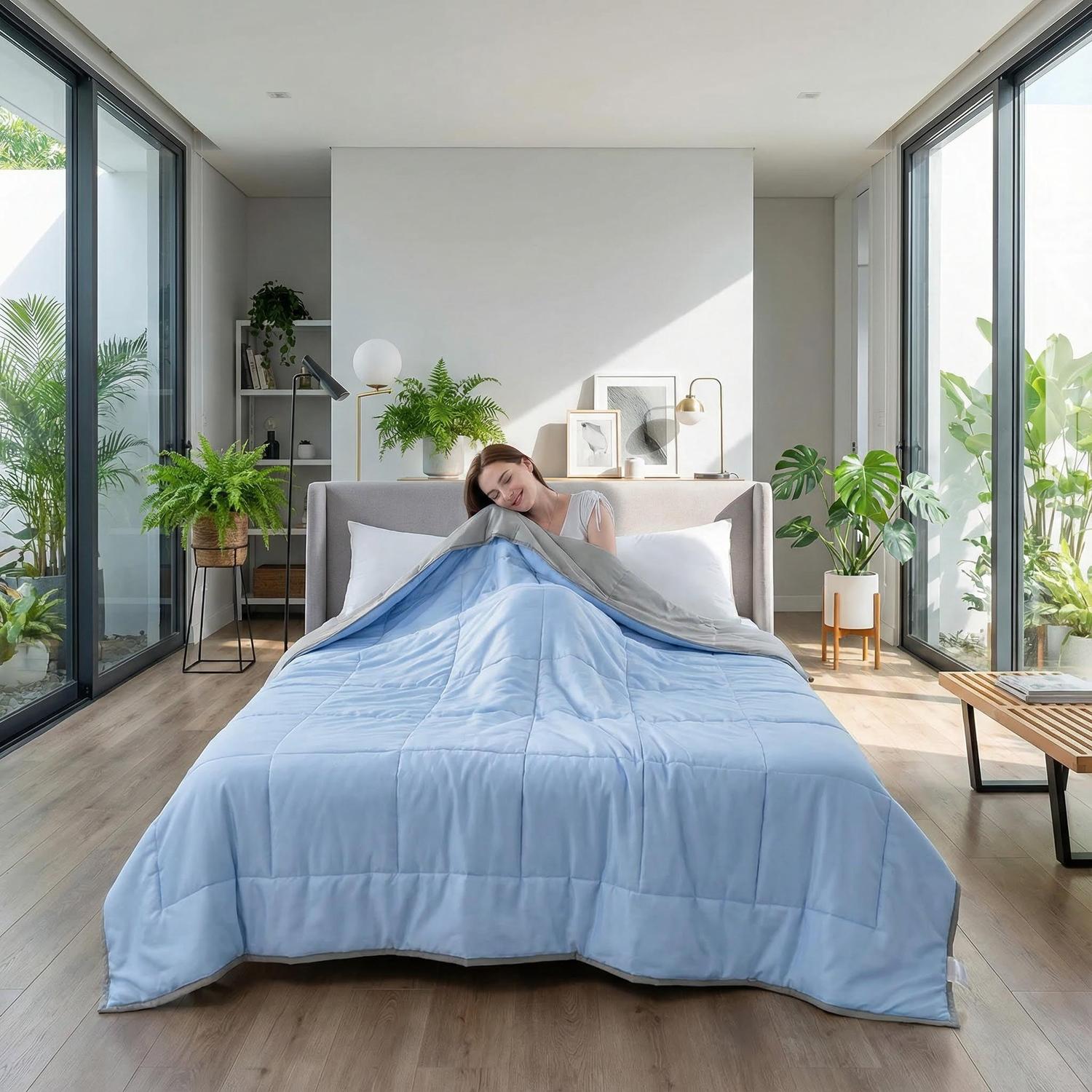 Woman sleeping in bed with a light blue and gray wave-quilt summer AC quilt.