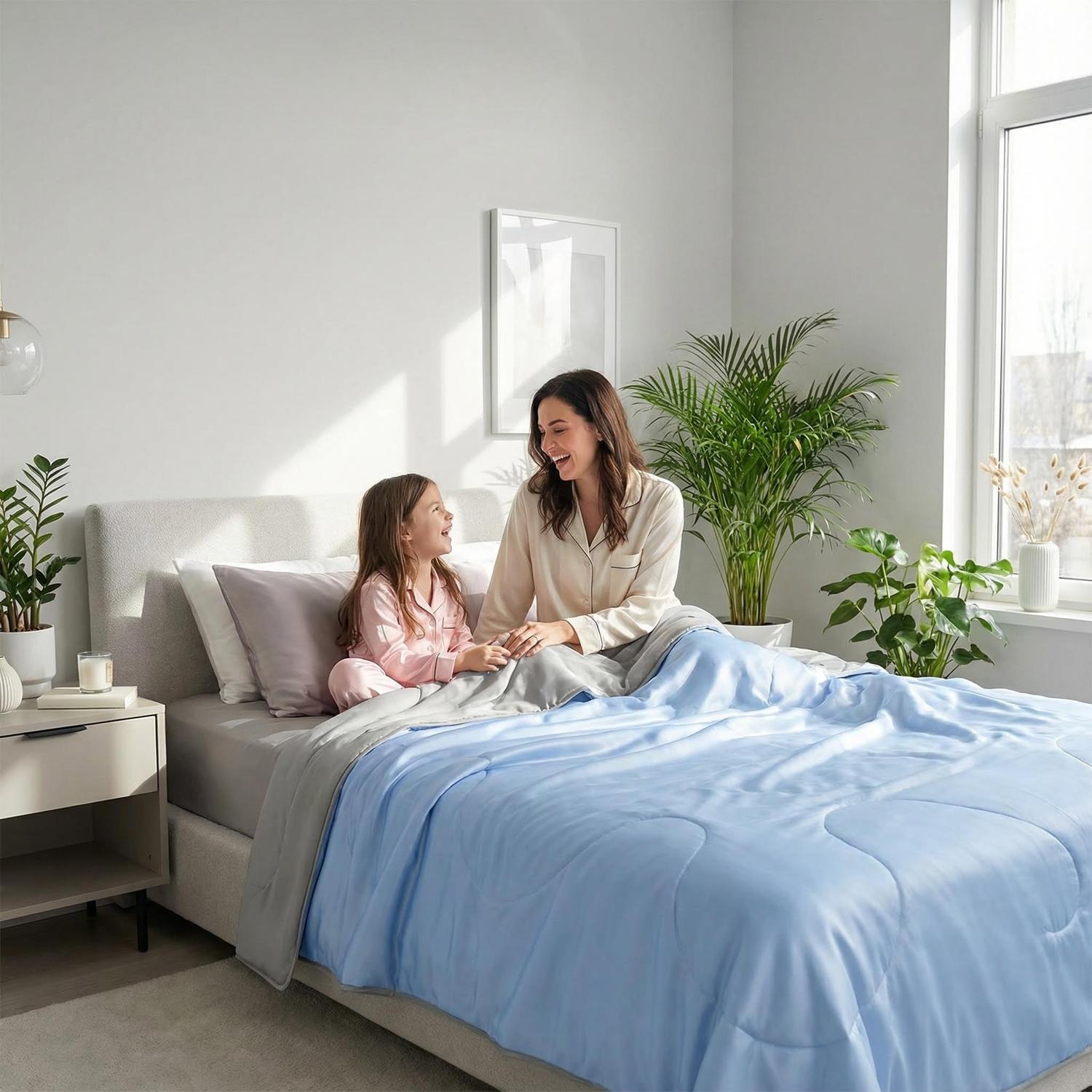 Woman and child on a bed with a blue wave-quilt design summer AC quilt.