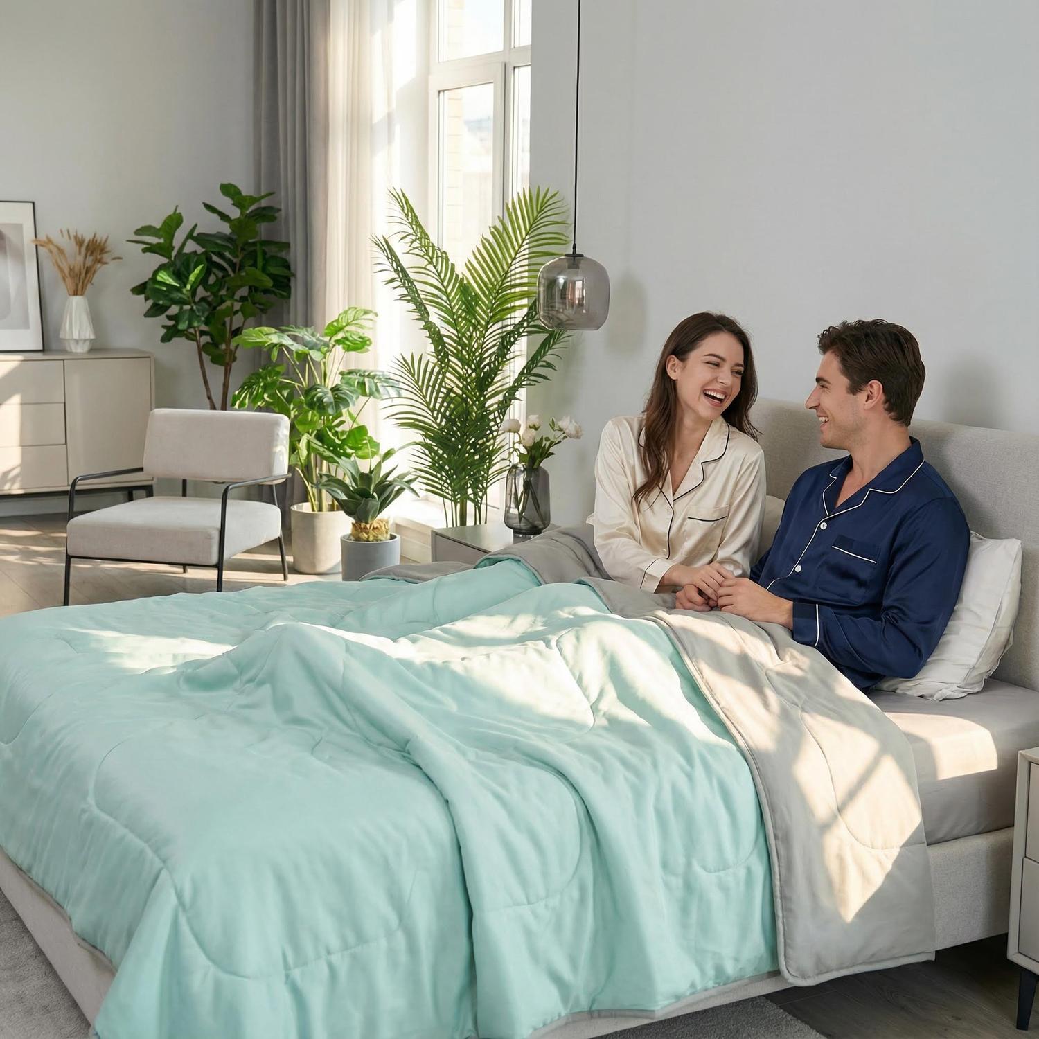 Smiling couple in bed under a green single Lightweight Summer AC Quilt with a soft wave-quilt design.
