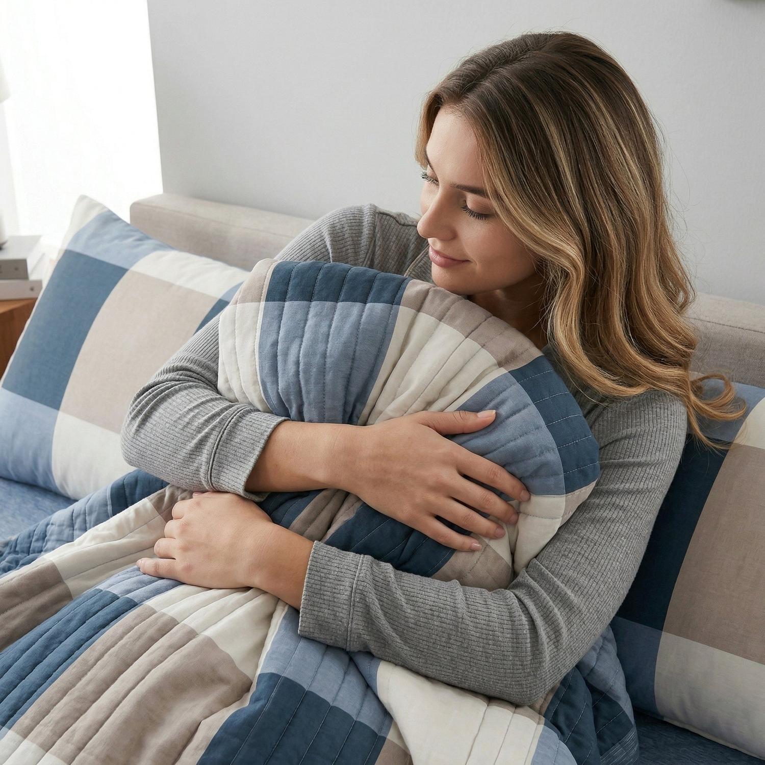 Woman hugging a soft blue and beige patchwork microfiber summer quilt.
