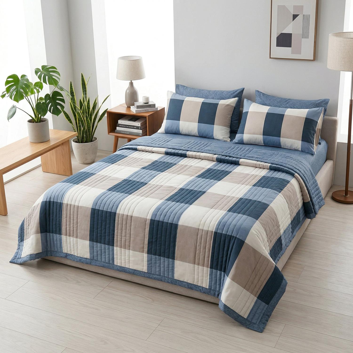 Queen size lightweight summer quilt with blue, white, and beige patchwork plaid design.