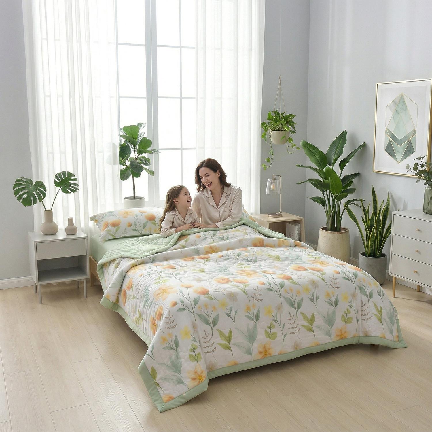 Lightweight summer quilt with yellow floral and green leaf pattern, on a bed with a mother and child.