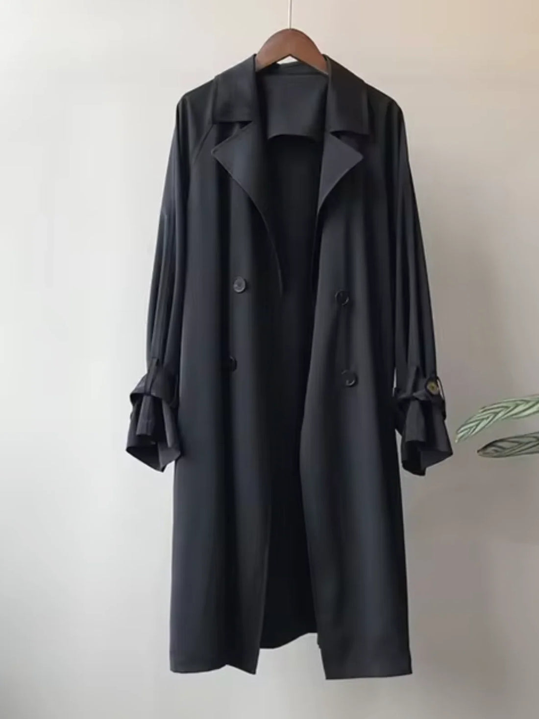 Long Waterproof Black Trench Coat for Women with Lapel Collar 0