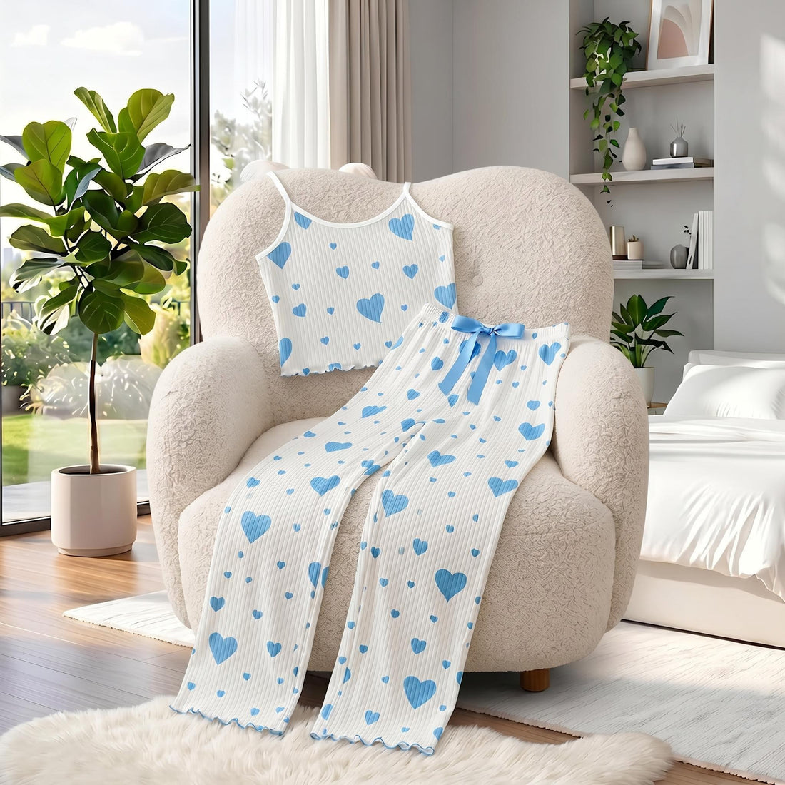 Woman wearing a white sleeveless pajama set with blue heart prints and ruffled trim, sitting on a fluffy rug.