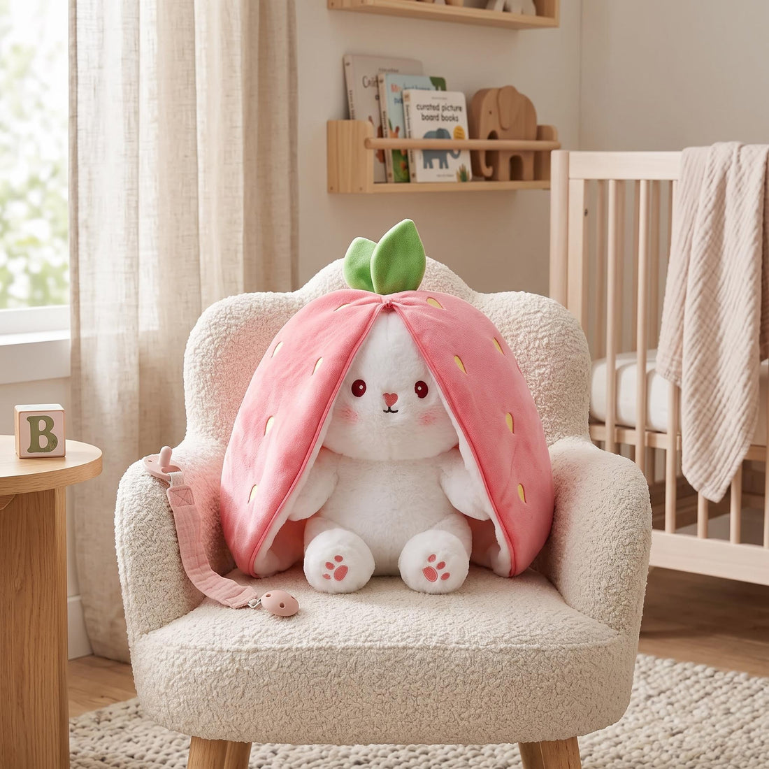 A child holding a soft, 10-inch luminous bunny plush toy designed like a strawberry, featuring gentle lights and music.