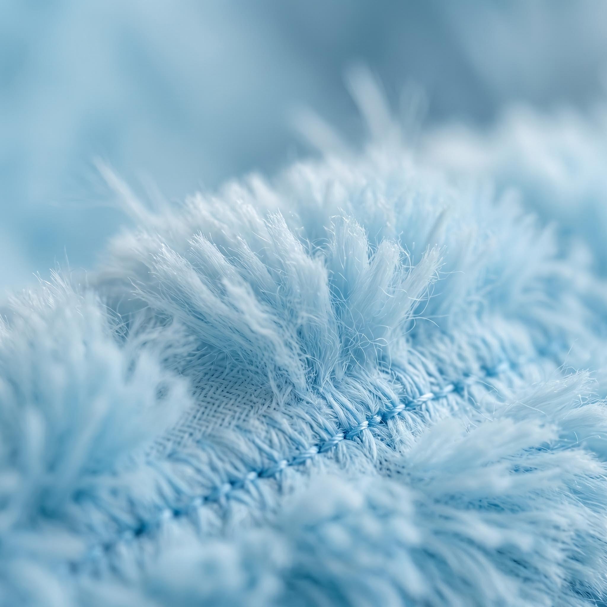Close-up of soft, light blue plush fabric with stitched details on a fluffy dog pillow.