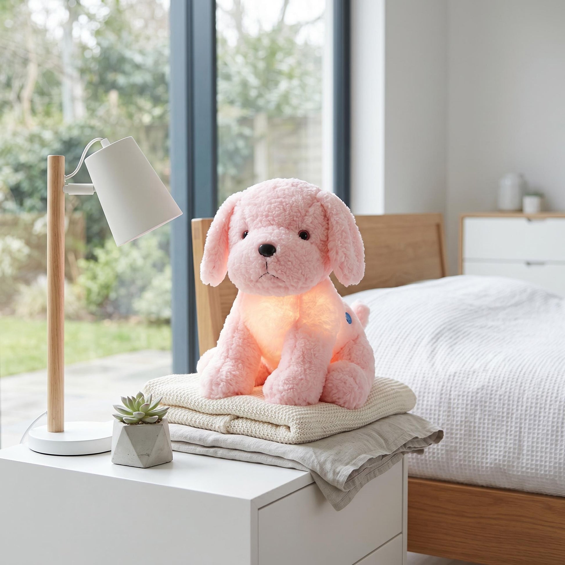 Pink luminous dog plush pillow with glowing LED light sitting on a nightstand in a bedroom.