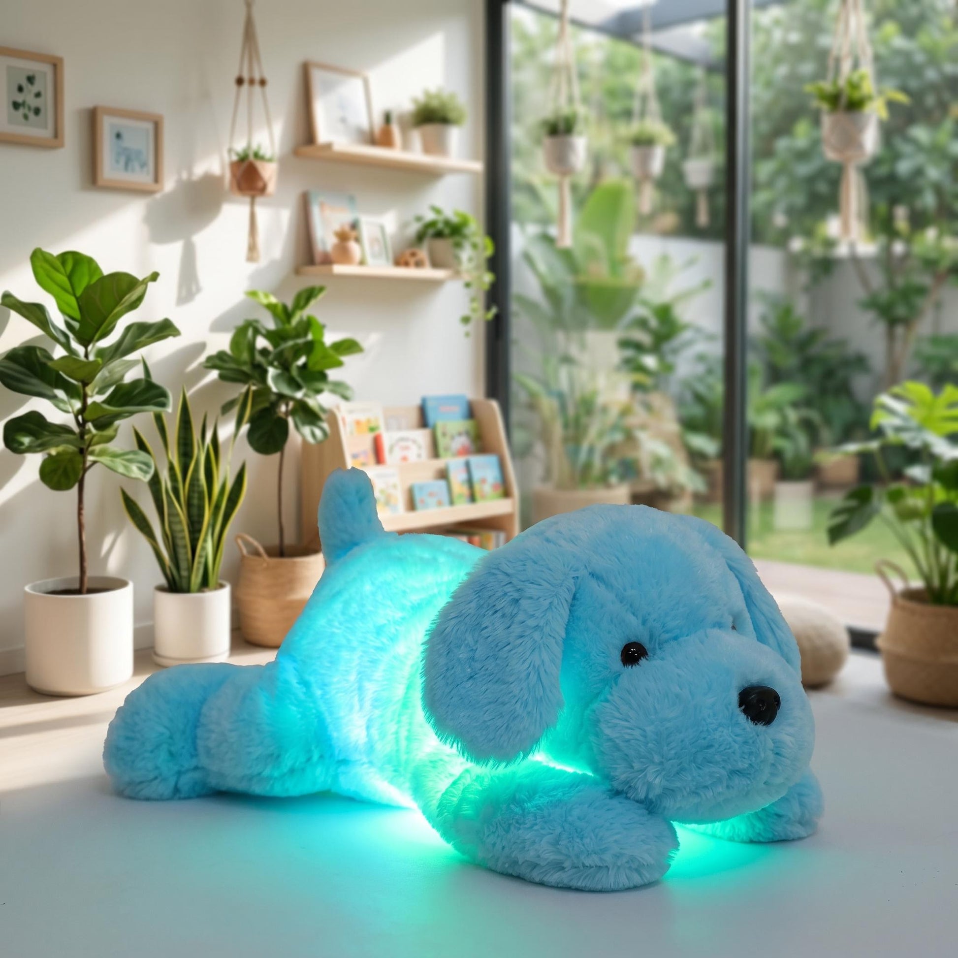 Luminous blue dog plush pillow glowing with turquoise LED light in a bright, plant-filled room.