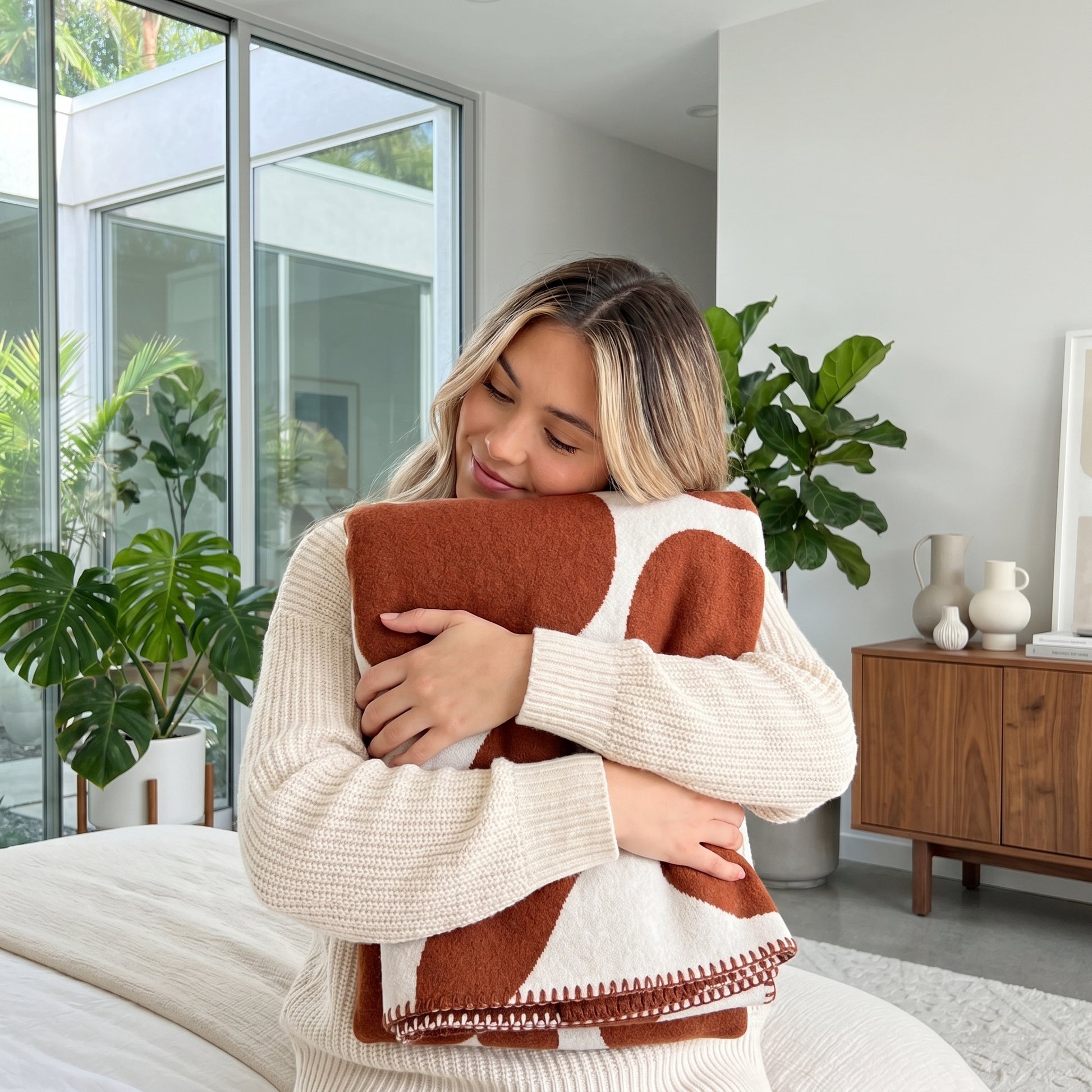 Woman hugging a soft, brown and white spotted throw blanket with a woven texture.