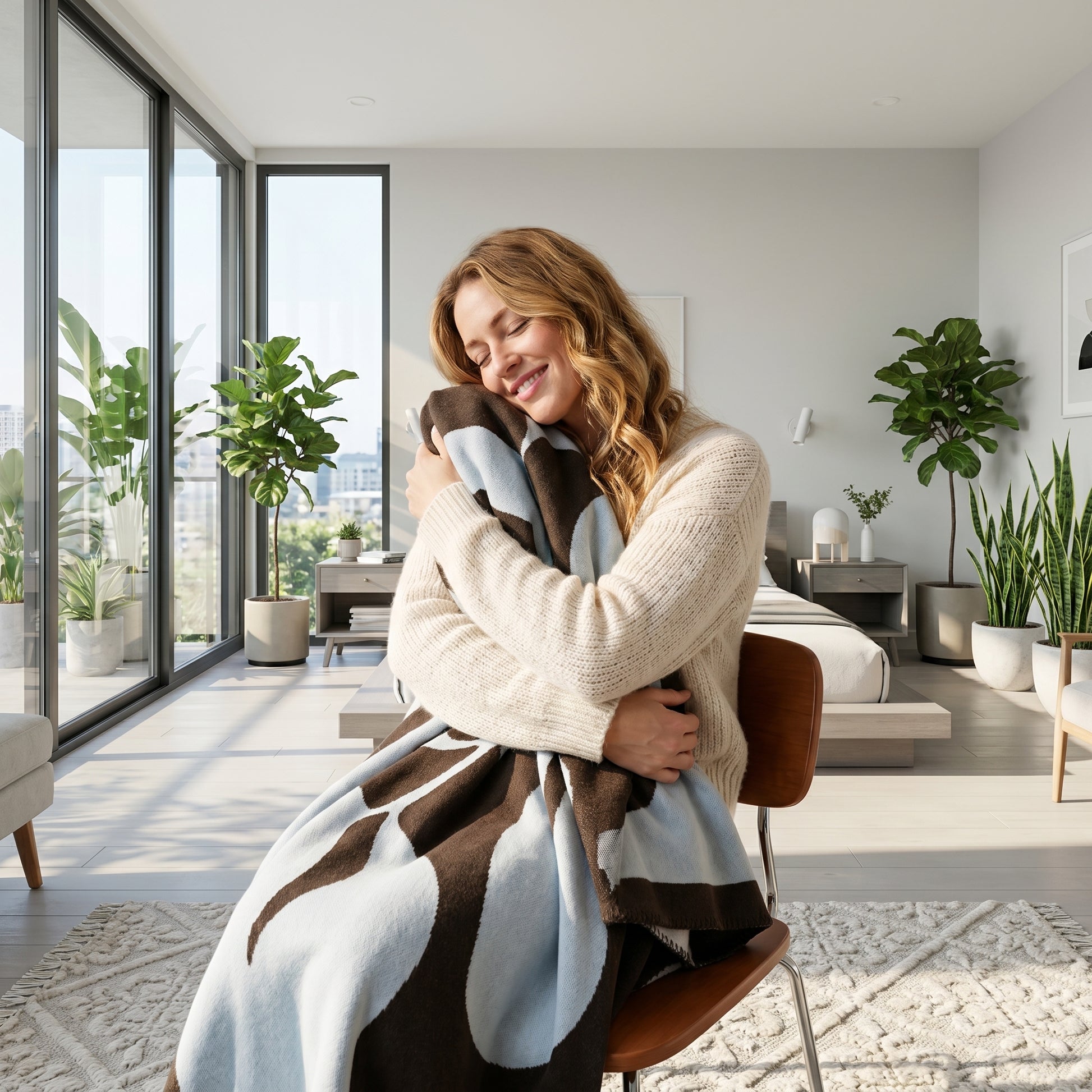 Woman smiling, hugging a soft brown and light blue patterned throw blanket in a bright, modern room.