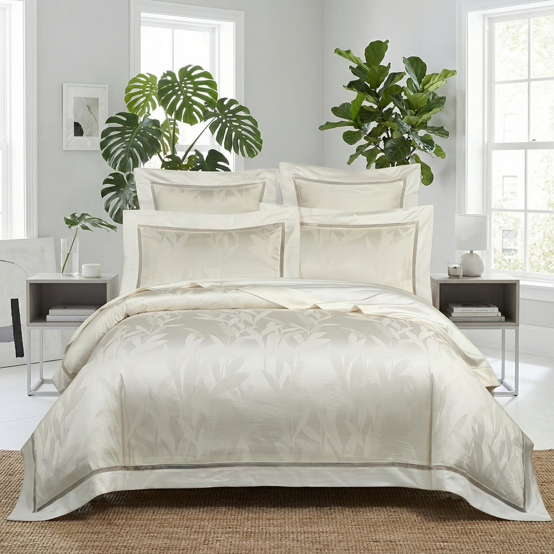 Luxury 100% Egyptian Cotton Ivory Jacquard Bedding Set-Duvet Covers-Glompi-Queen-Fitted-Glompi