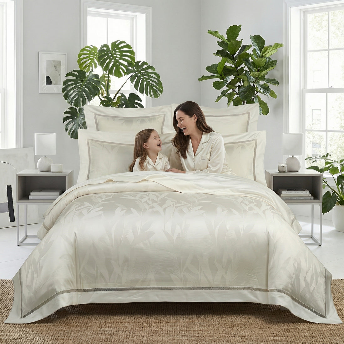 Luxury 100% Egyptian Cotton Ivory Jacquard Bedding Set-Duvet Covers-Glompi-Queen-Fitted-Glompi