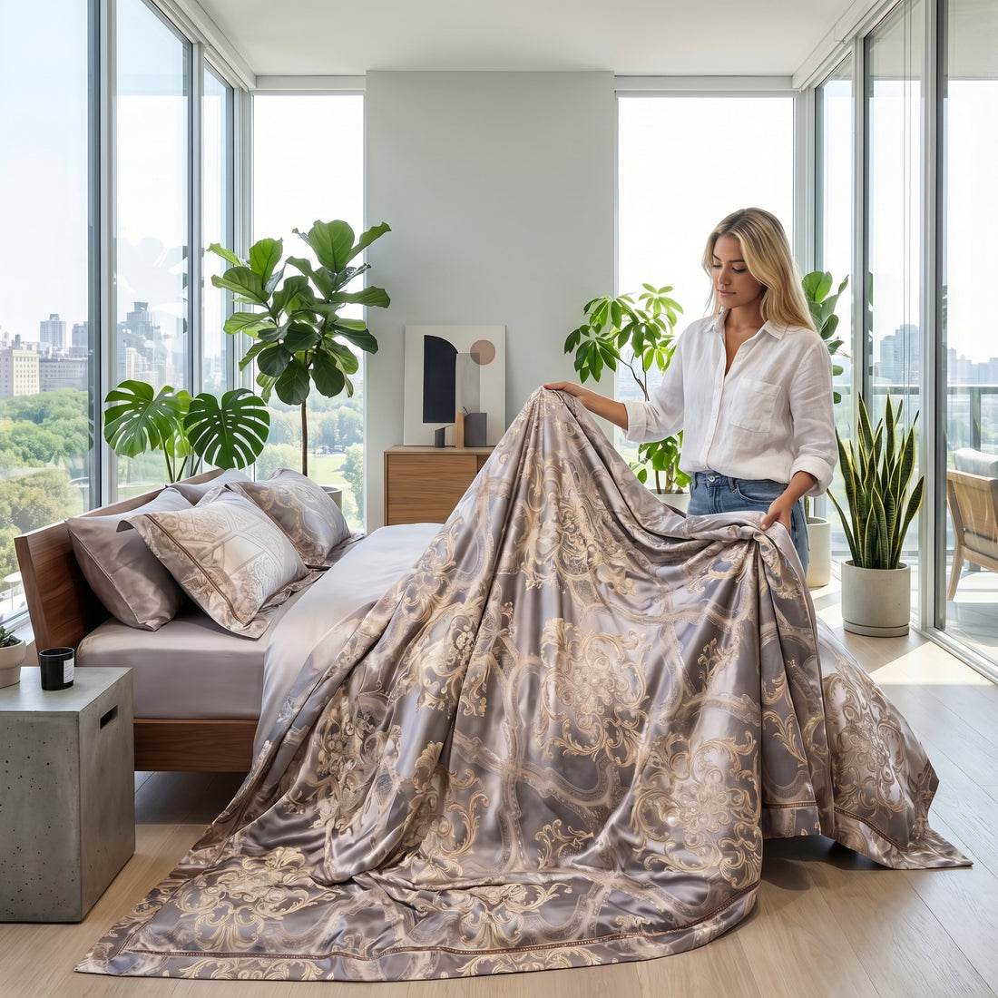 Marabel Egyptian cotton duvet cover set with a smooth sateen finish and elegant gold damask pattern on a taupe background.