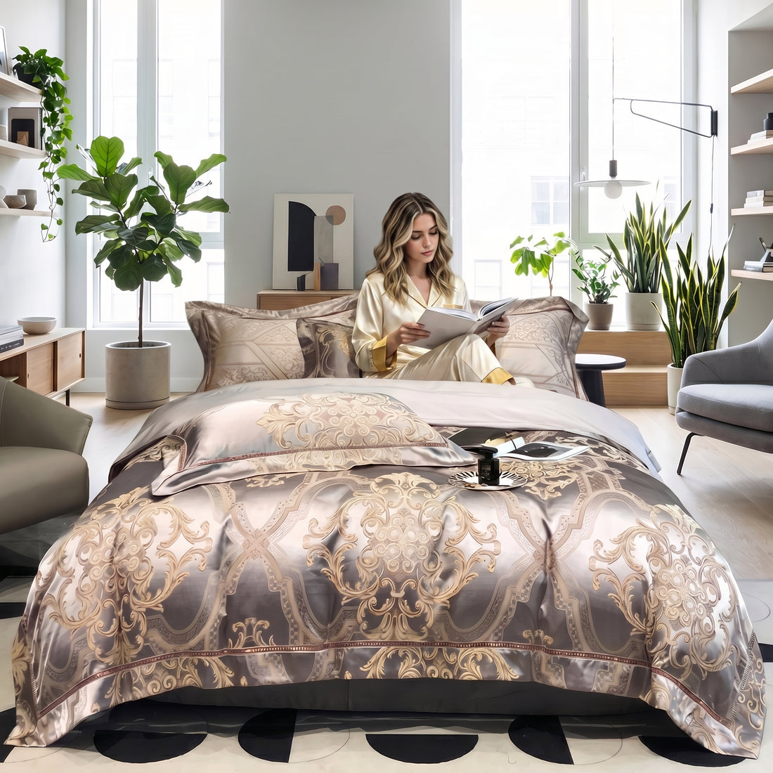Marabel Egyptian cotton duvet cover set with a smooth sateen finish and elegant gold damask pattern on a taupe background.