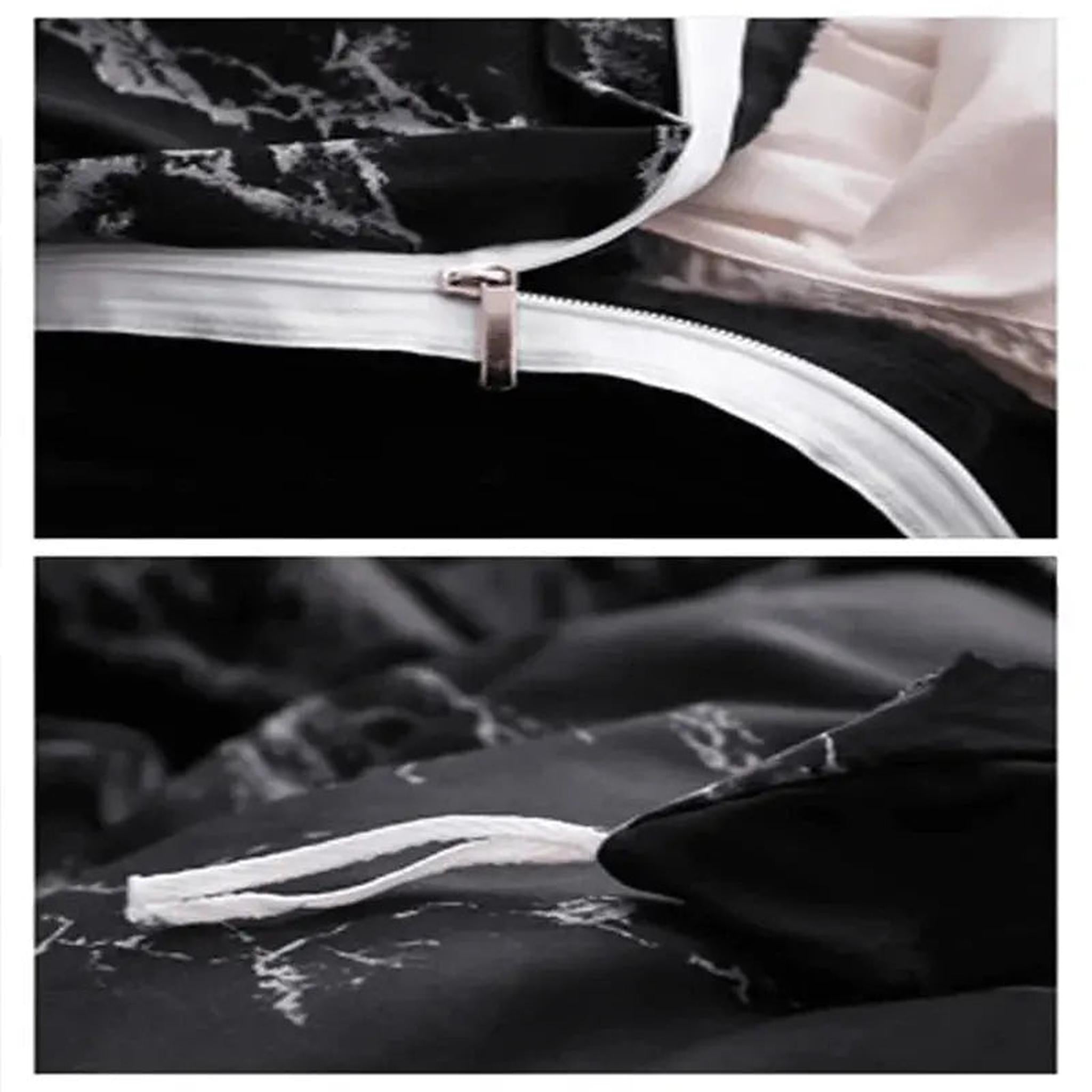 Close-up of a dark marble print microfiber duvet cover with a white zipper and an interior corner tie.