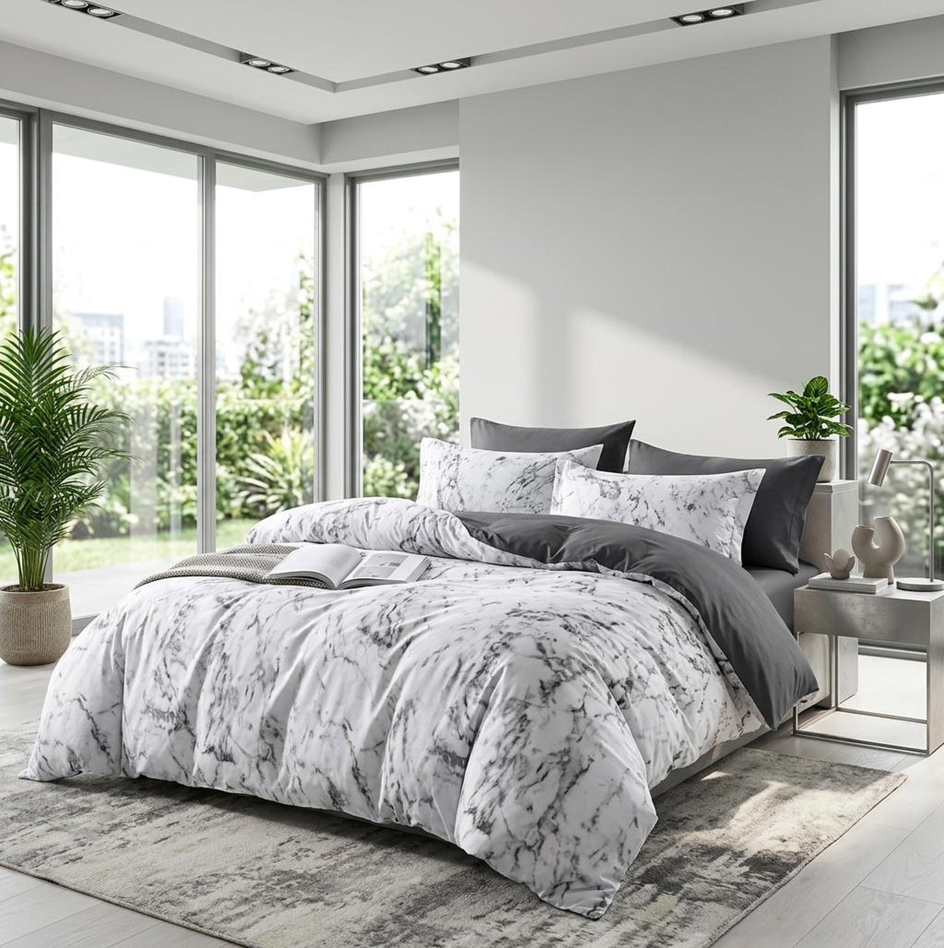White and grey marble print microfiber duvet cover set with solid grey accents in a modern bedroom.