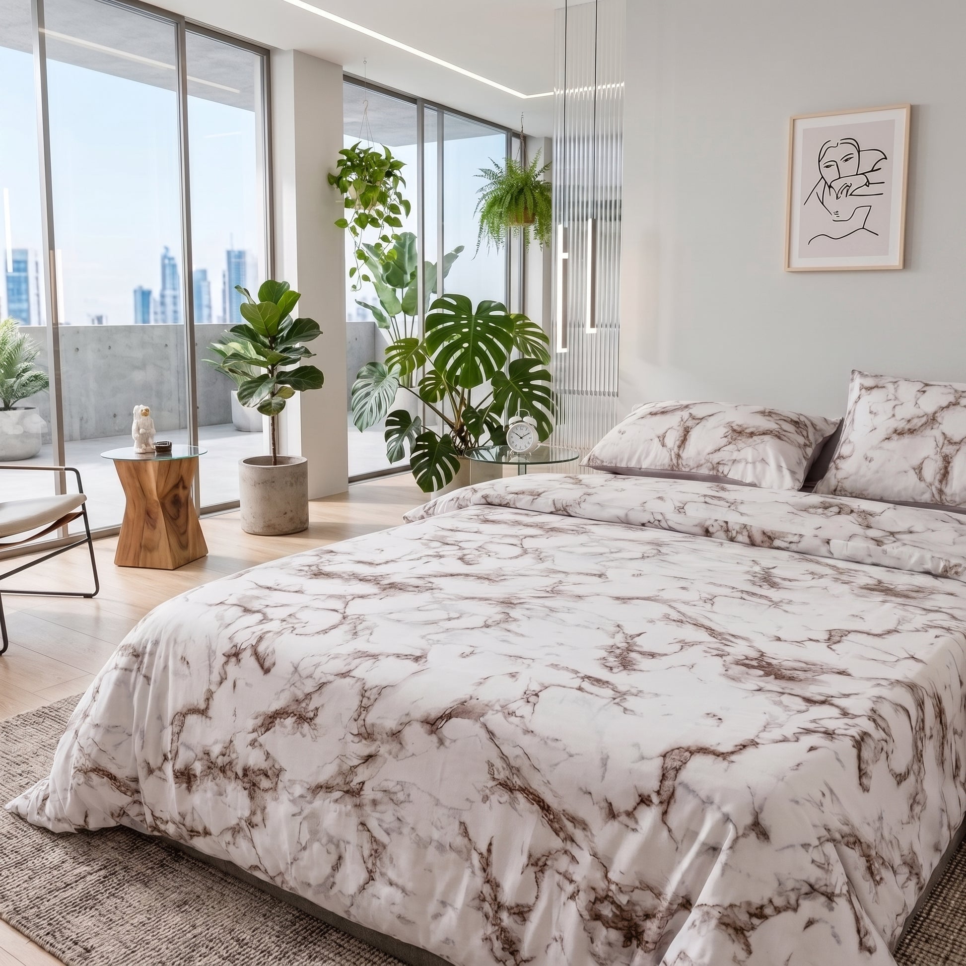 White and brown marble print microfiber duvet cover and pillow shams on a bed in a modern bedroom.