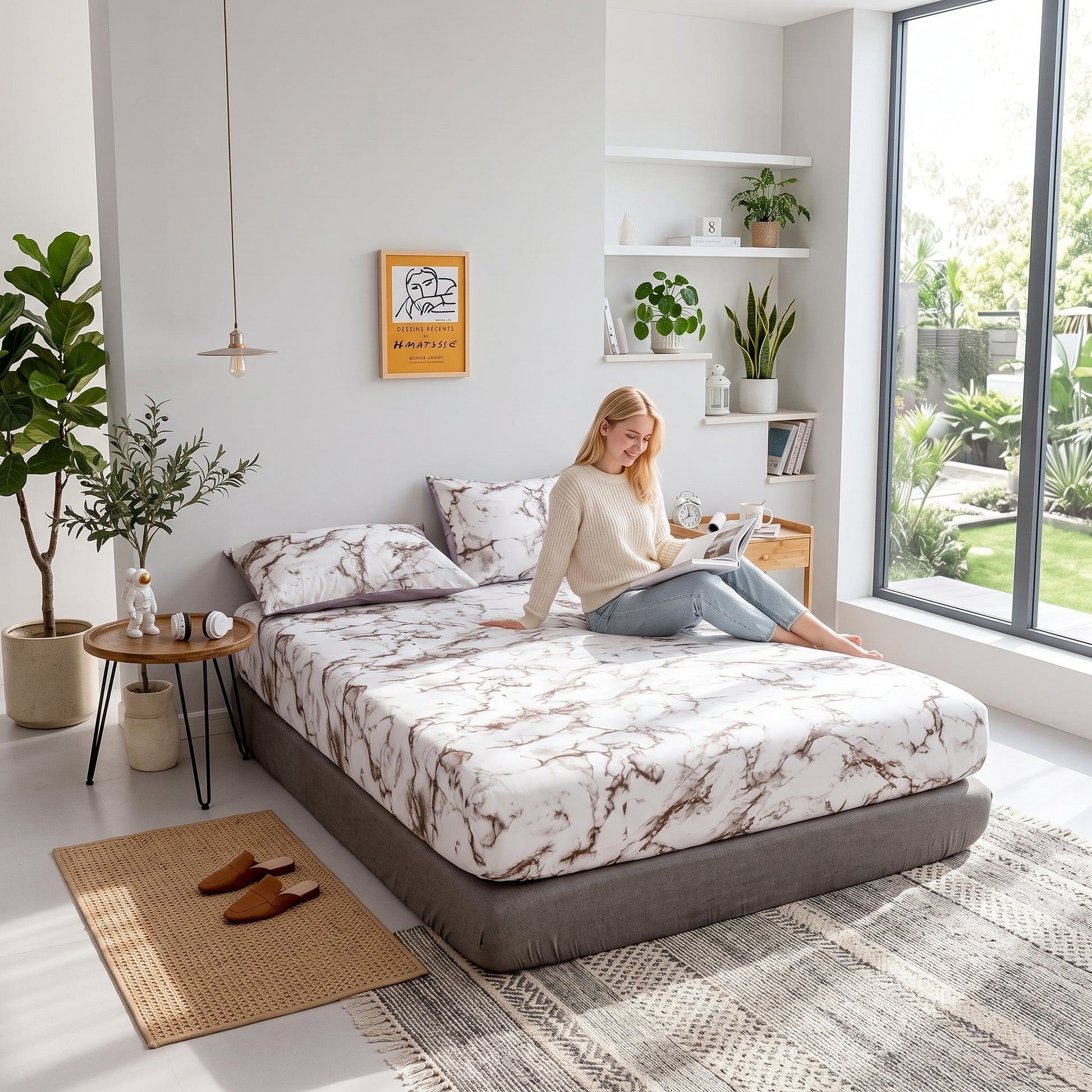 Woman reading on a bed with a white and brown marble print fitted sheet and pillowcases in a bright room.