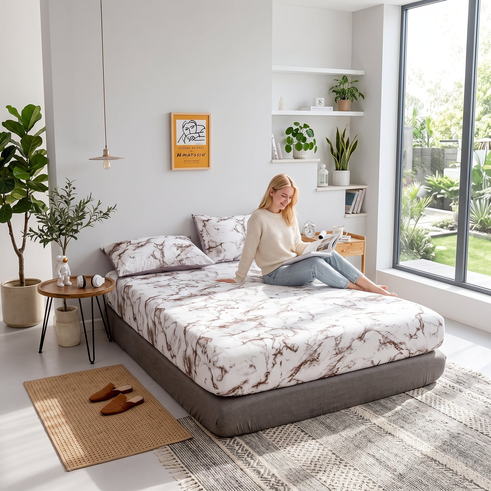 Woman reading on a bed with a white and brown marble print fitted sheet and pillowcases in a bright room.